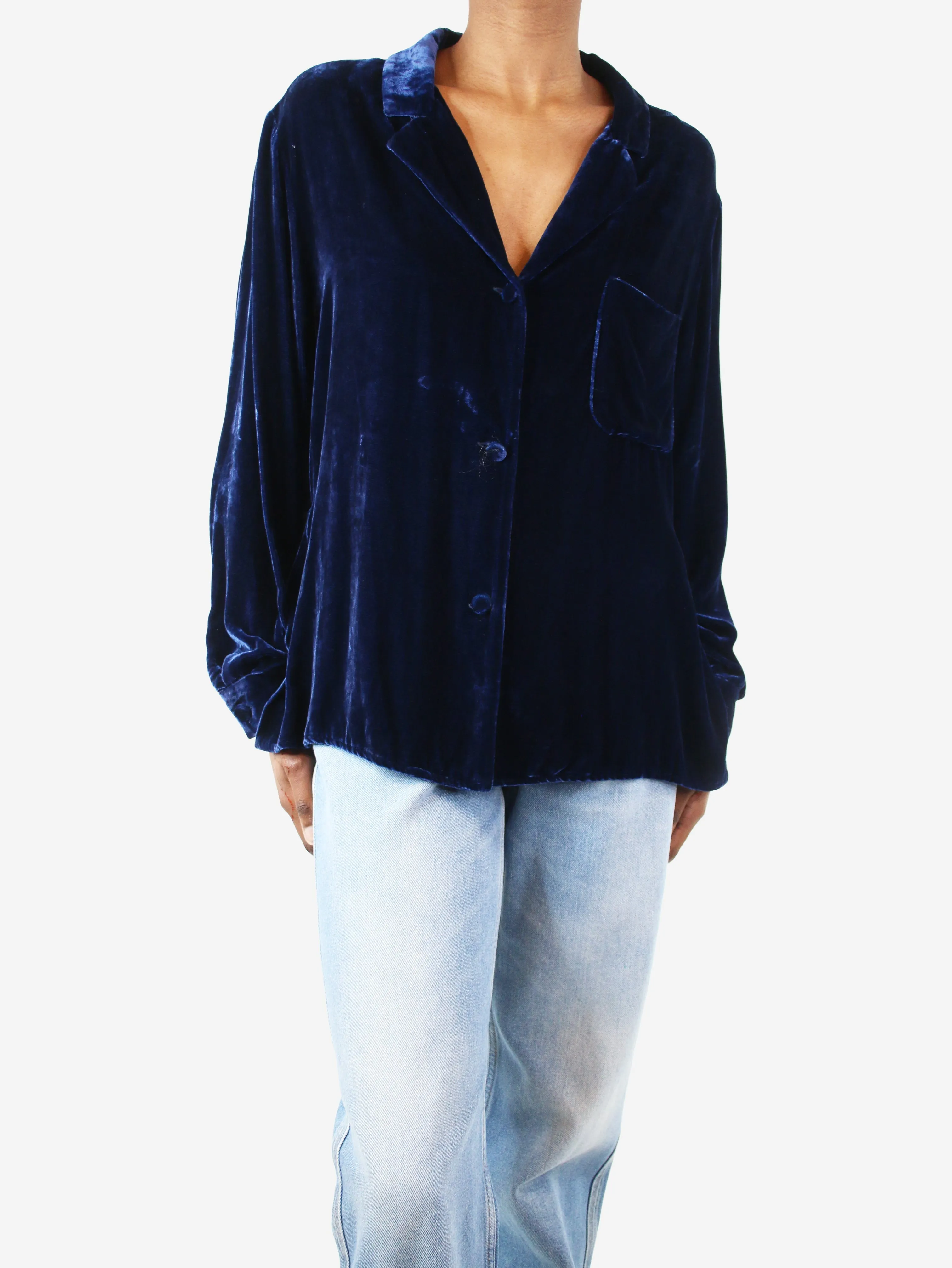 Blue button-up velvet blouse - size XS