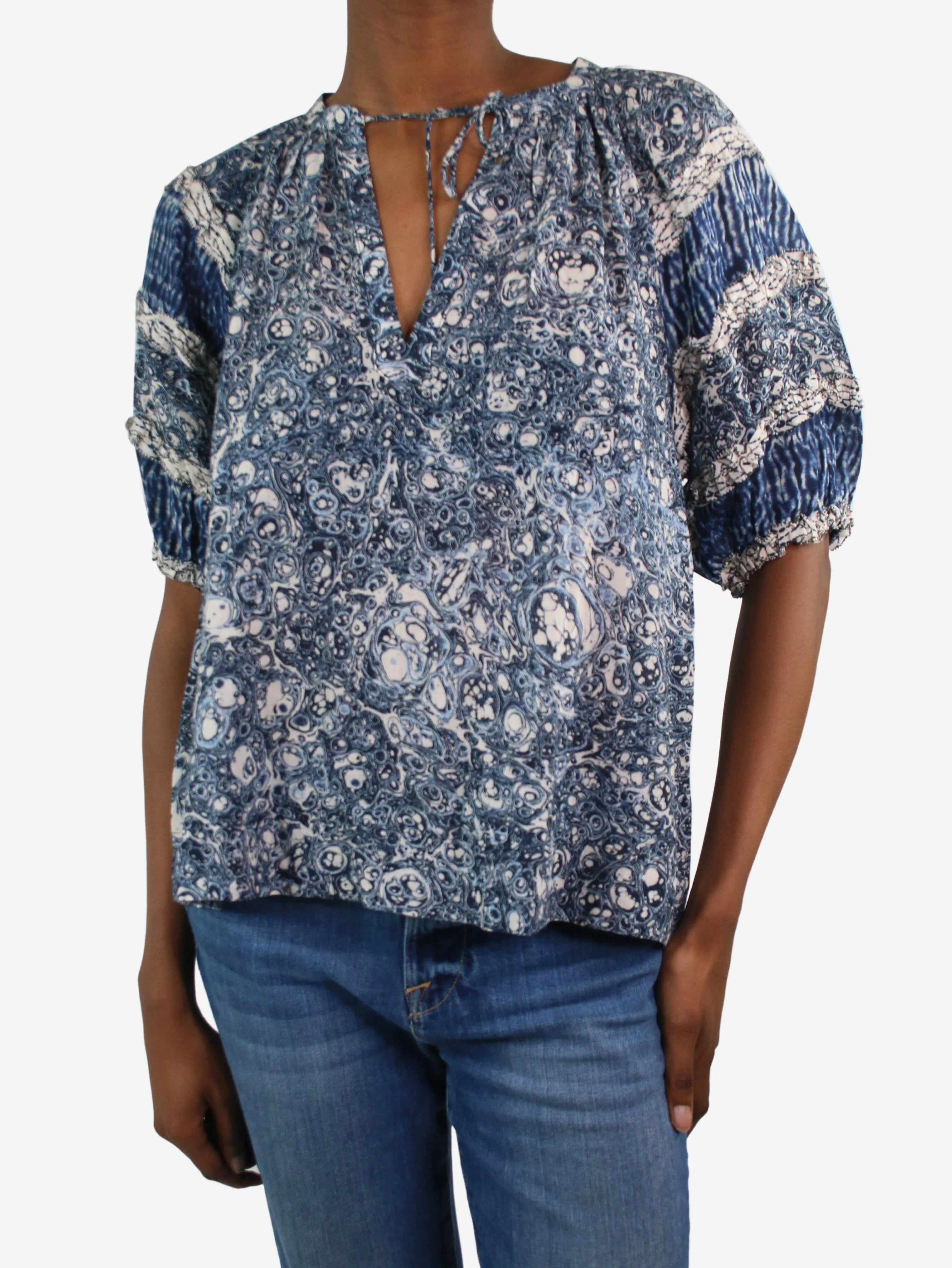 Blue printed keyhole blouse - size US 6