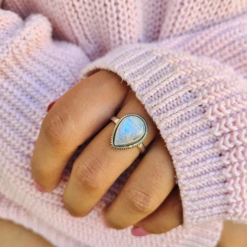 Boho Rainbow Moonstone 925 Sterling Silver Tear Drop Statement Ring, Handcrafted Jewelry, For Her