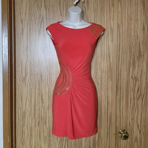 Bright Coral Latin Dress With Gold Embelishments