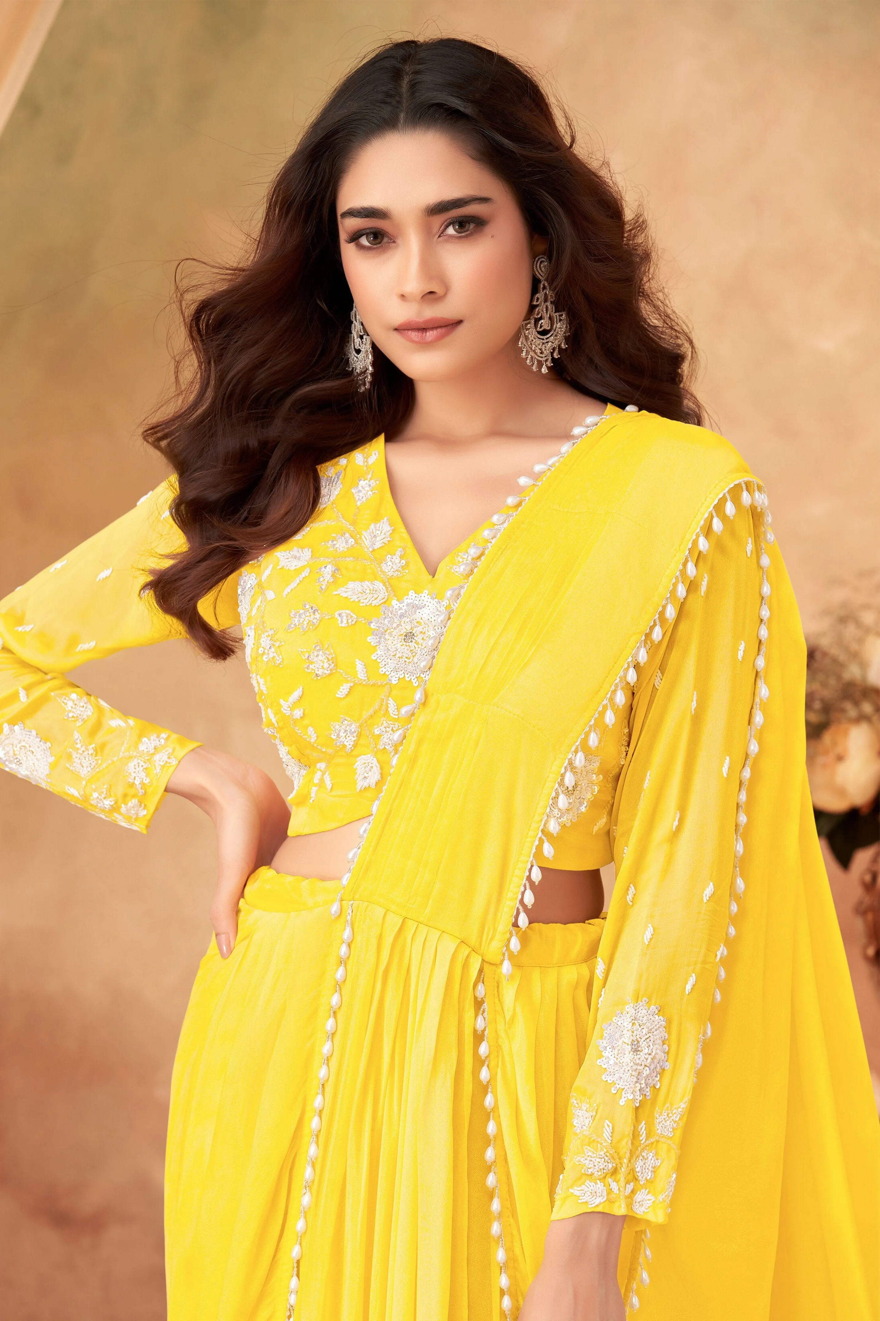 Bright Yellow Embellished Premium Georgette Silk Drape Saree