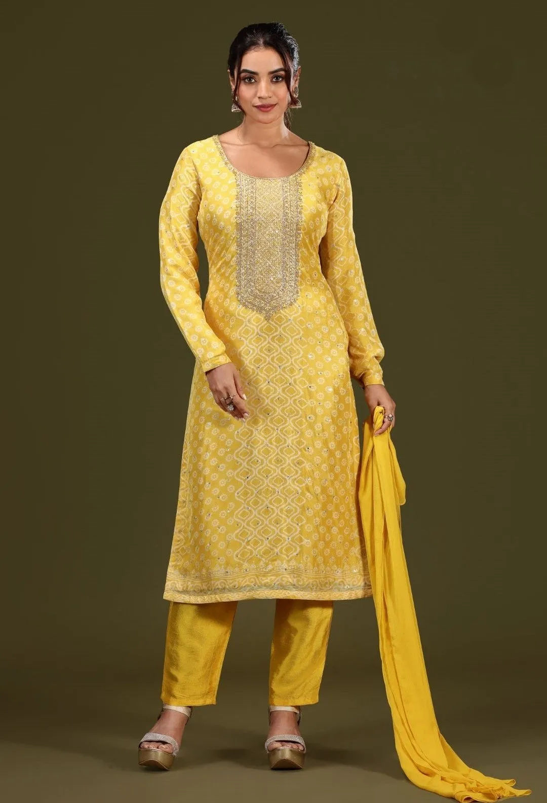 Bright Yellow Embellished Premium Organza Silk Pants Set