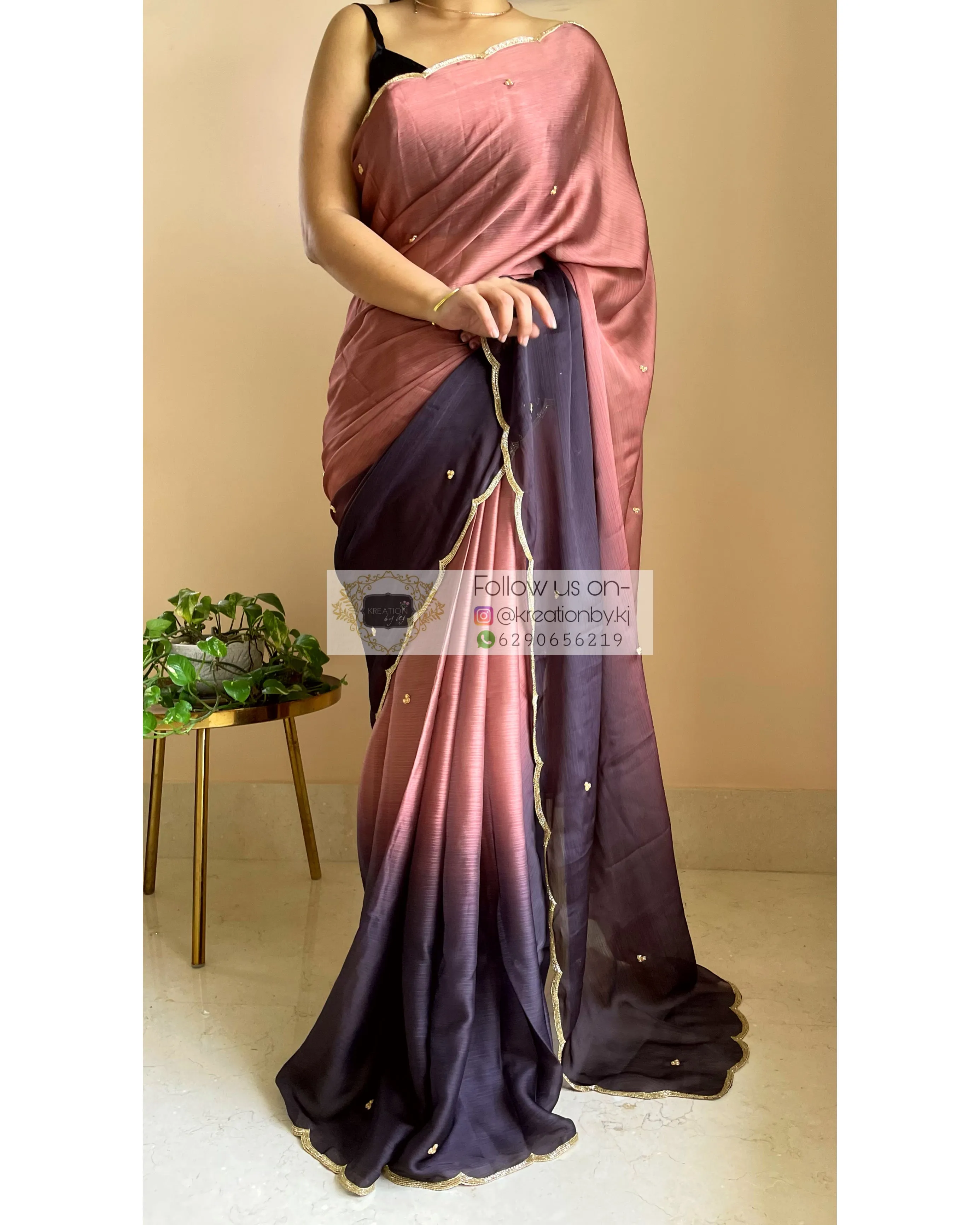 Chai Coffee Crepe Silk Saree with Handembroidered Scalloping