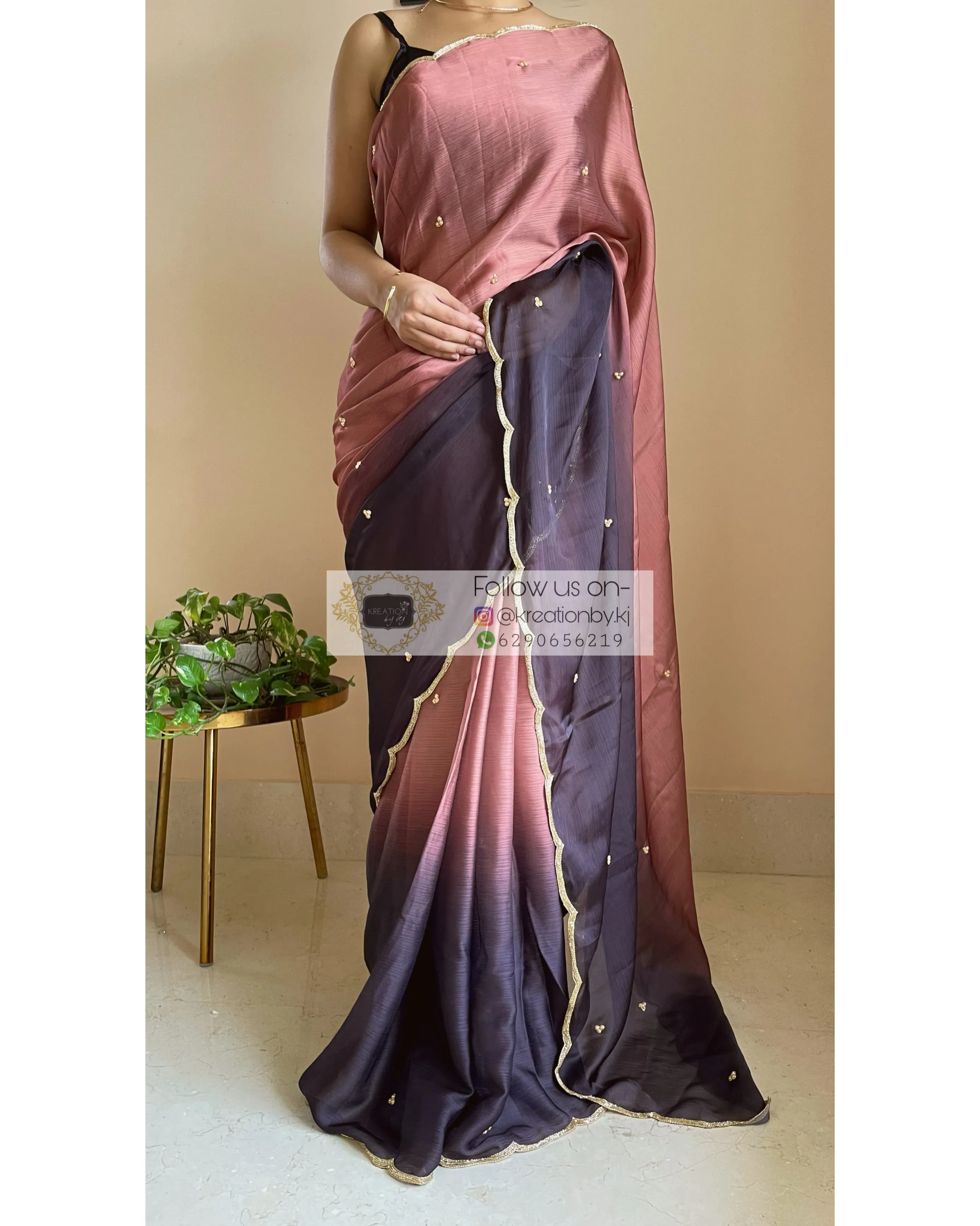 Chai Coffee Crepe Silk Saree with Handembroidered Scalloping