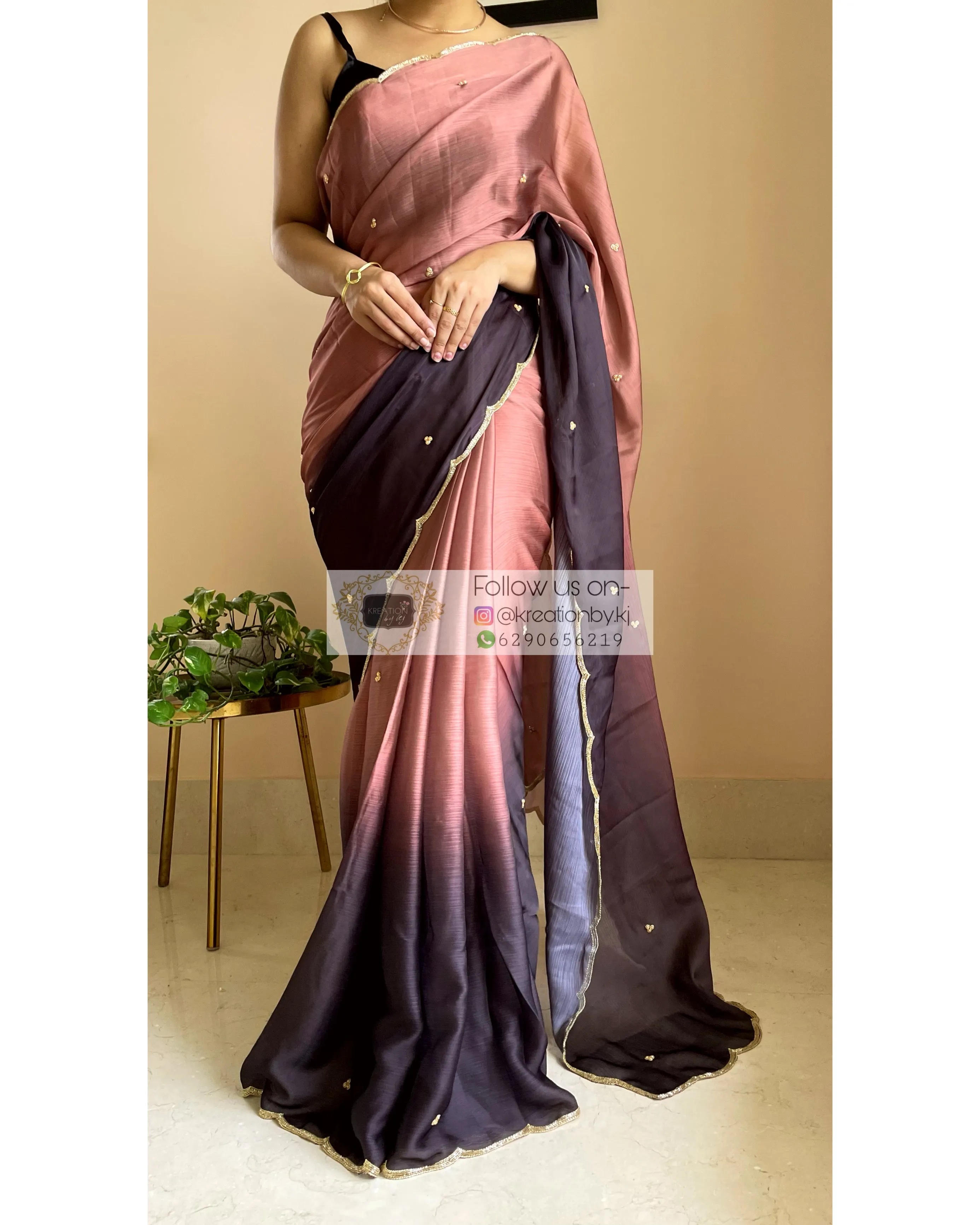 Chai Coffee Crepe Silk Saree with Handembroidered Scalloping