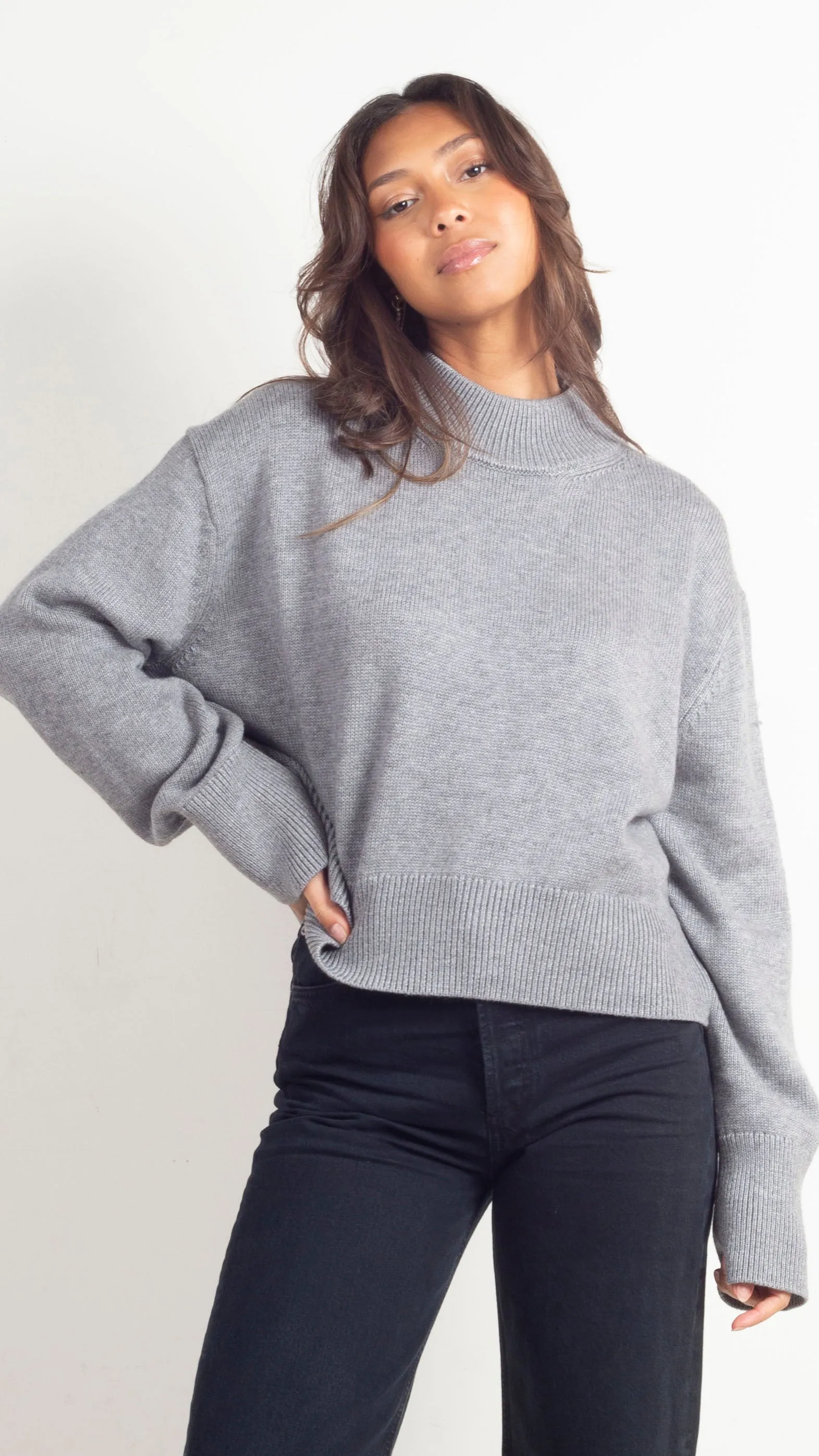 Charlotte Mock Neck Knit Sweater - Grey