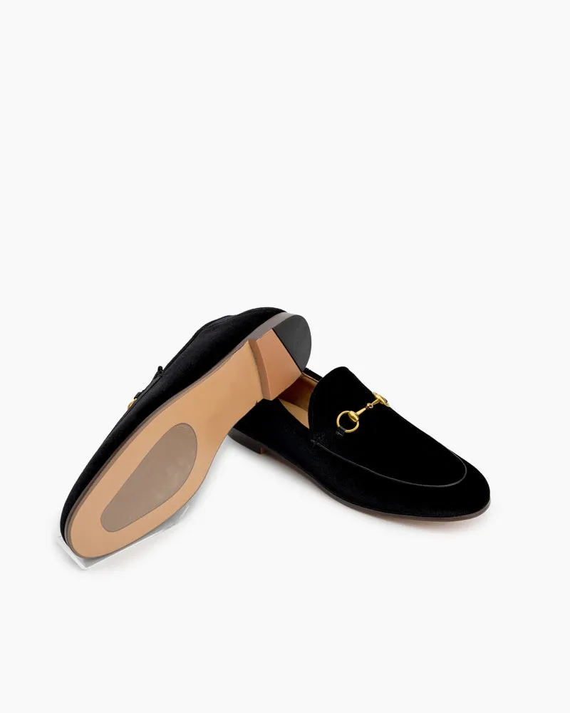 Classic Metal Buckle Velvet Loafers