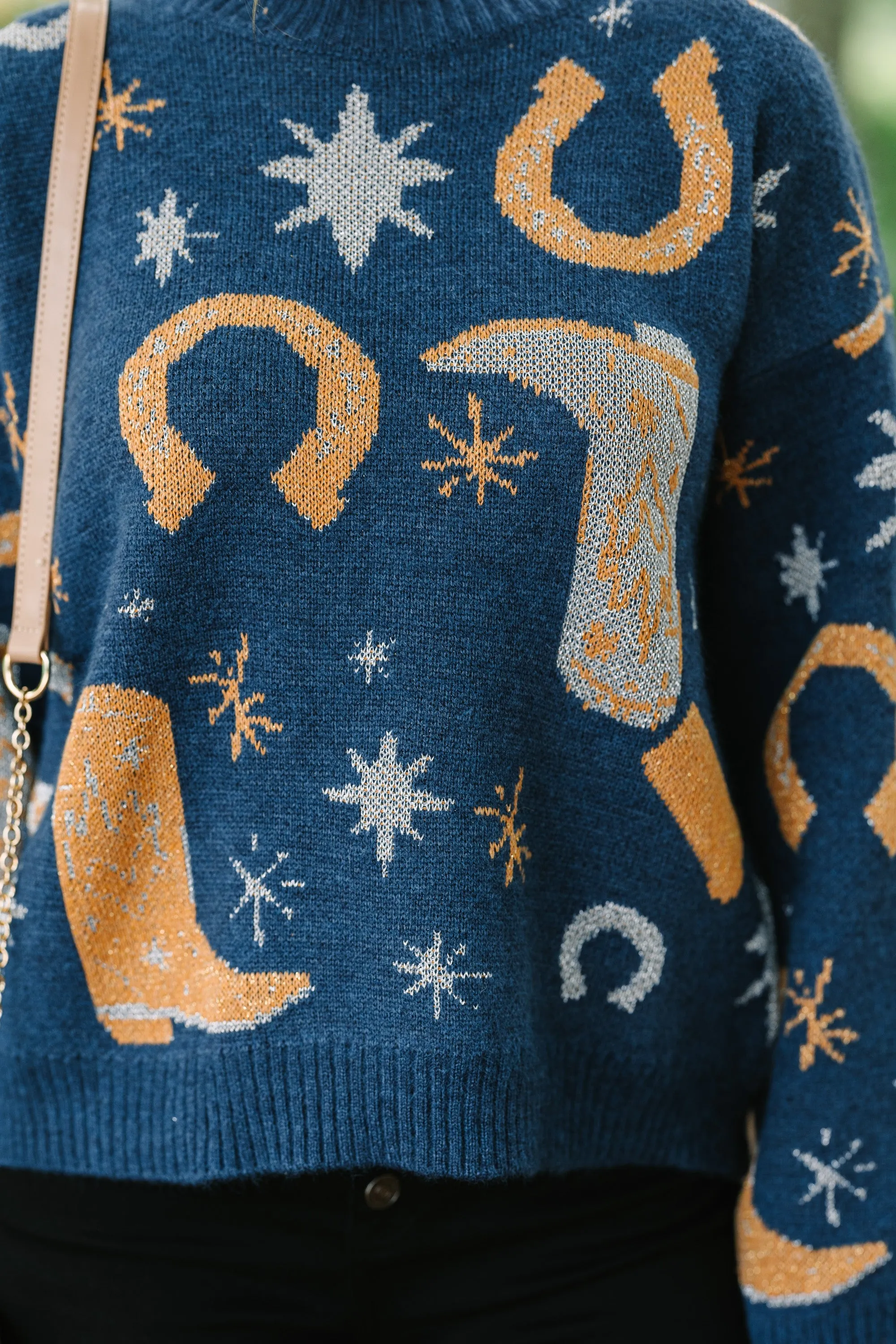 Cowboy Craze Navy Blue Printed Sweater