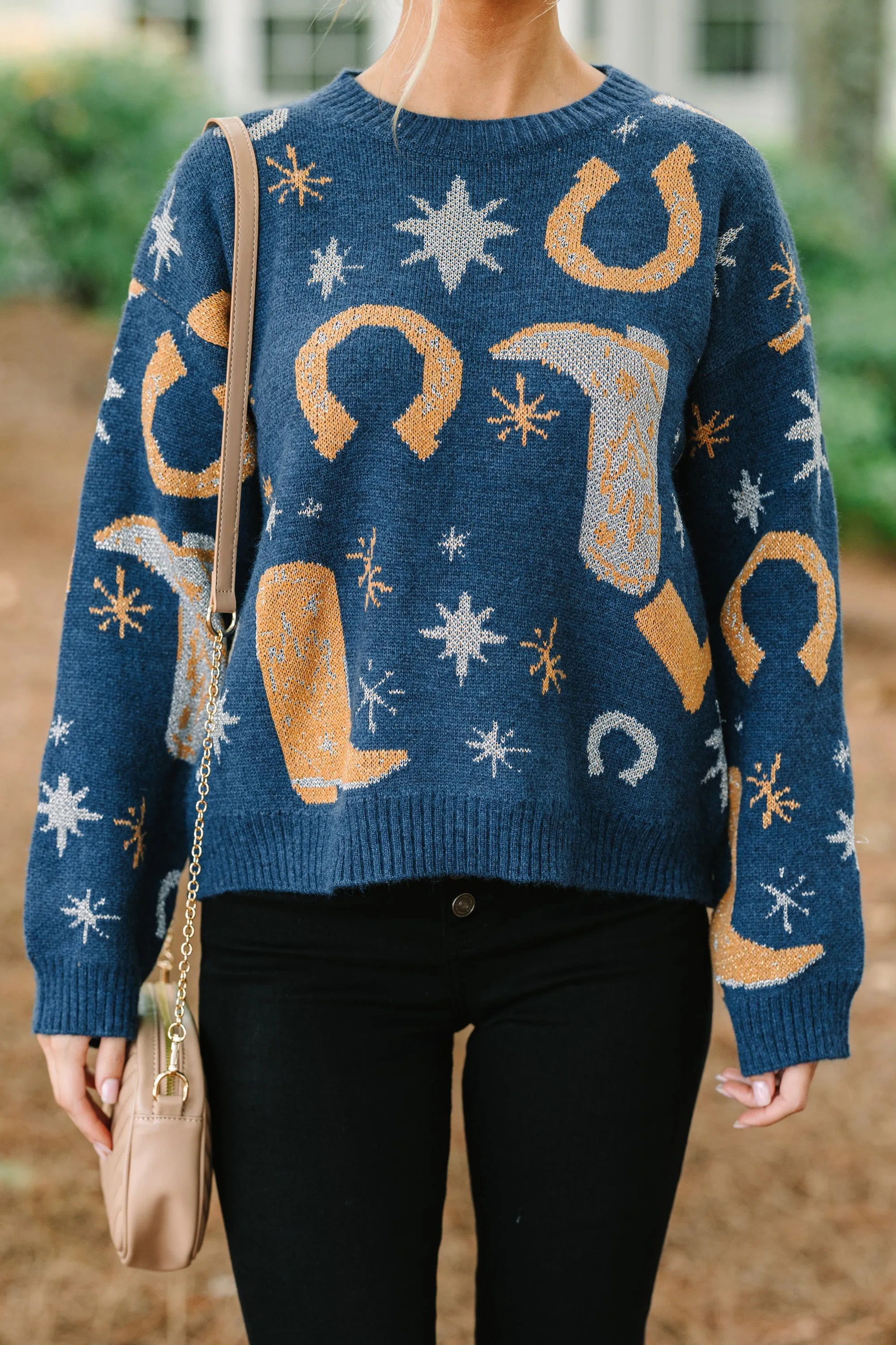 Cowboy Craze Navy Blue Printed Sweater