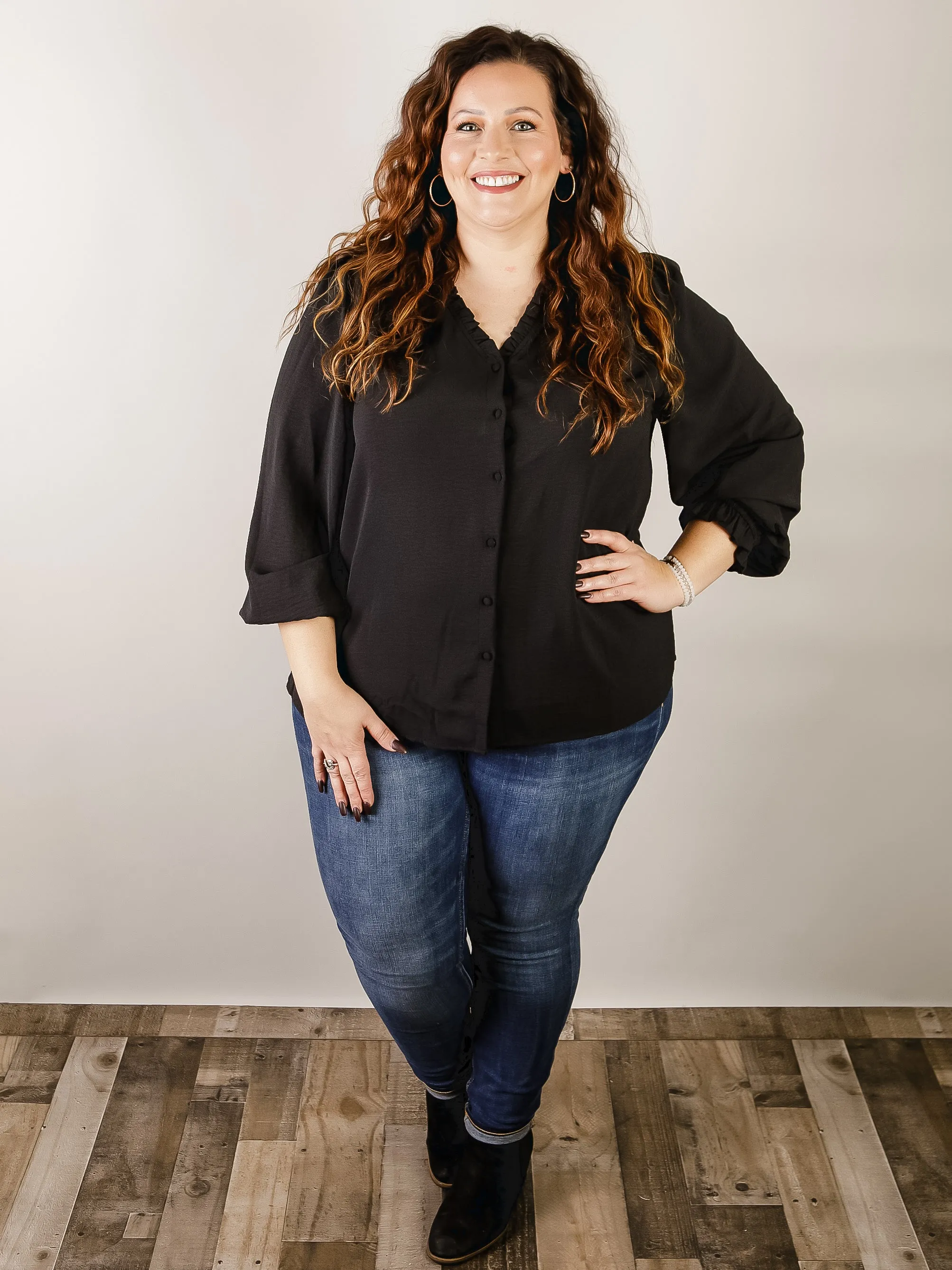 Curvy Black Button Front Blouse