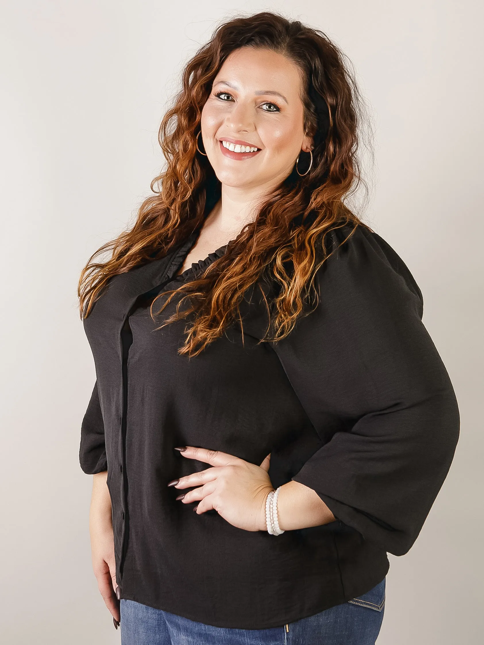 Curvy Black Button Front Blouse