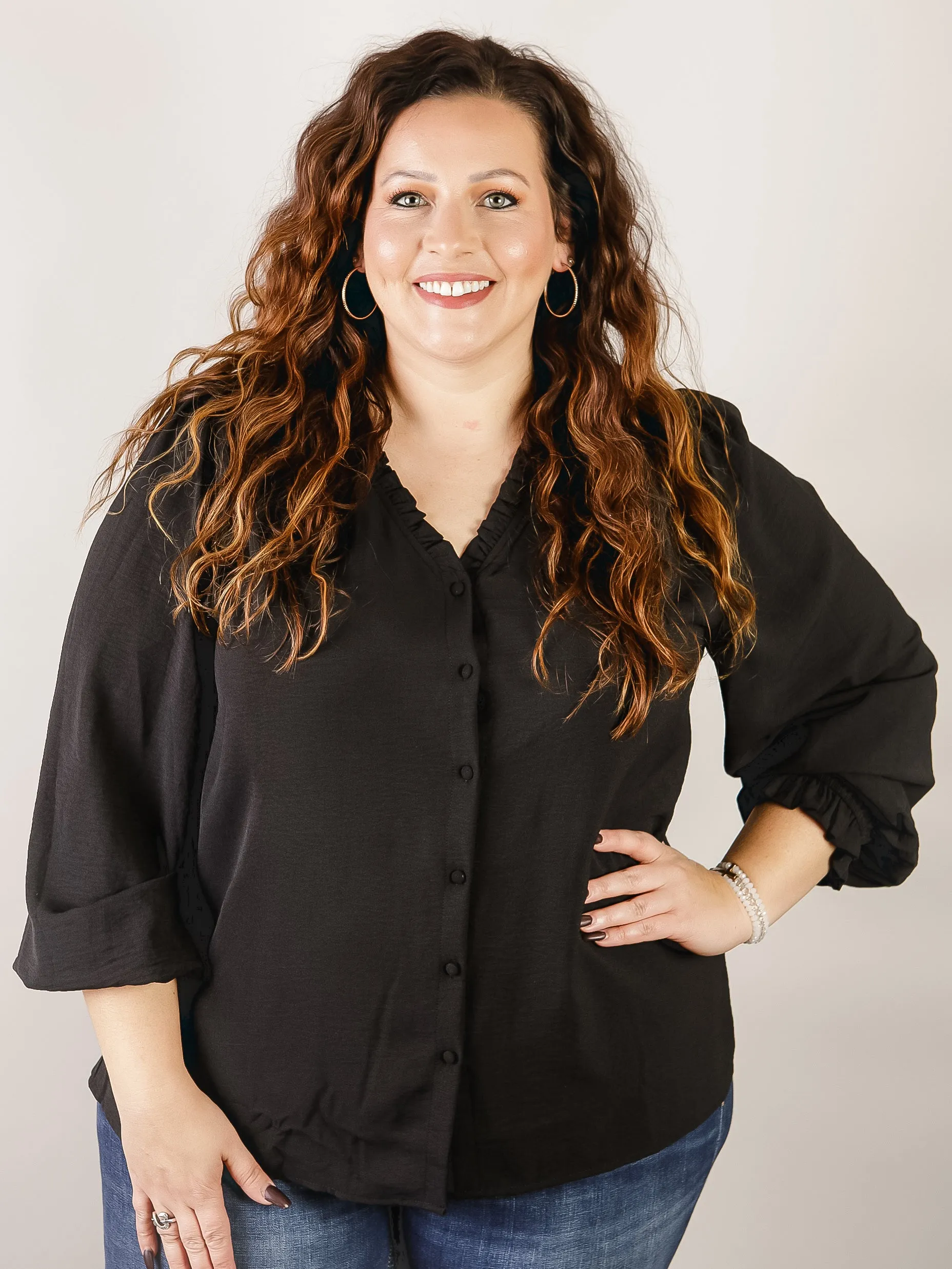 Curvy Black Button Front Blouse