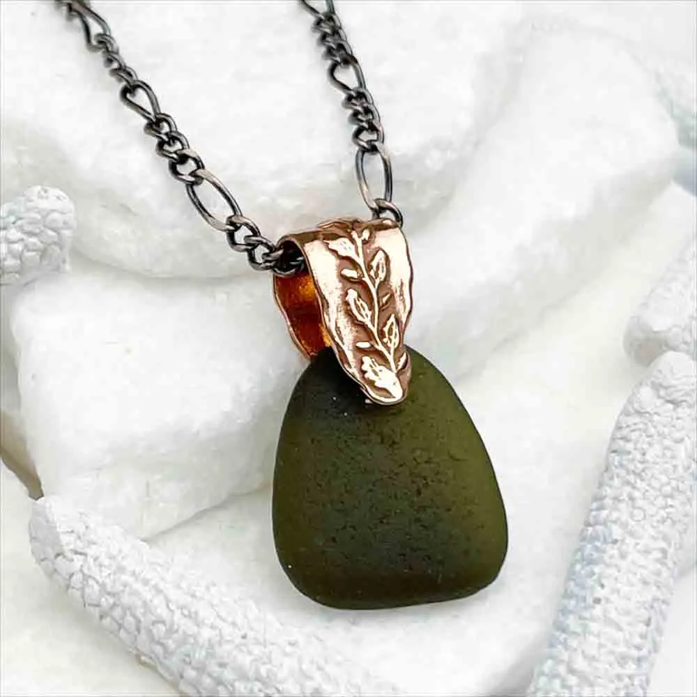 Deep Olive Sea Glass Pendant with Copper Vine Bail | #5078