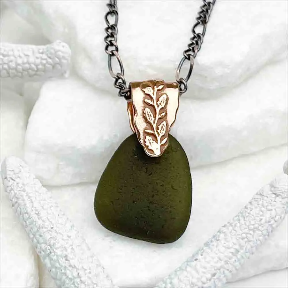 Deep Olive Sea Glass Pendant with Copper Vine Bail | #5078