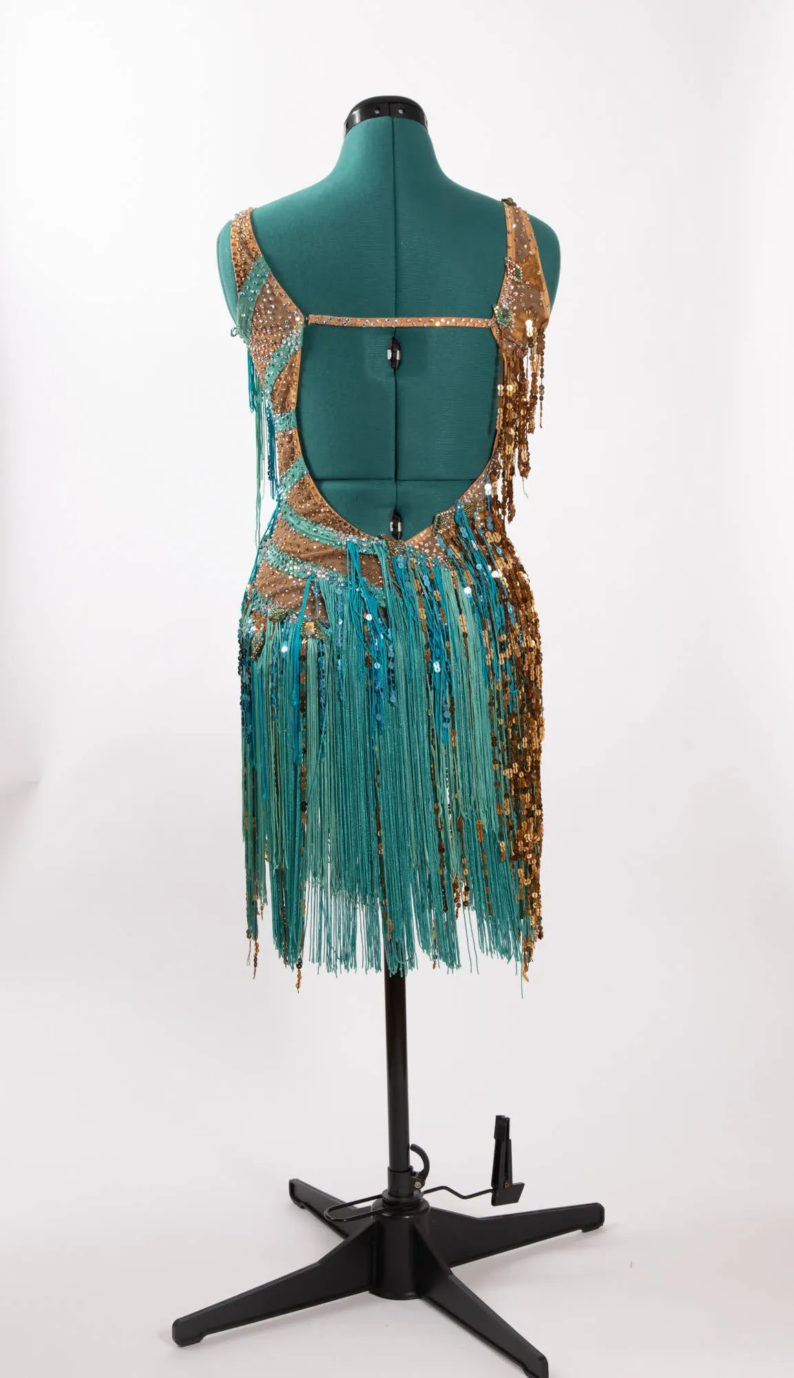 Designs to Shine Gold/Teal Sequin/Fringe Latin Dress