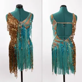 Designs to Shine Gold/Teal Sequin/Fringe Latin Dress