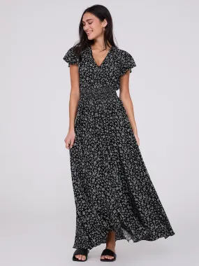 Ditsy Floral Print Flutter Sleeve Maxi Dress