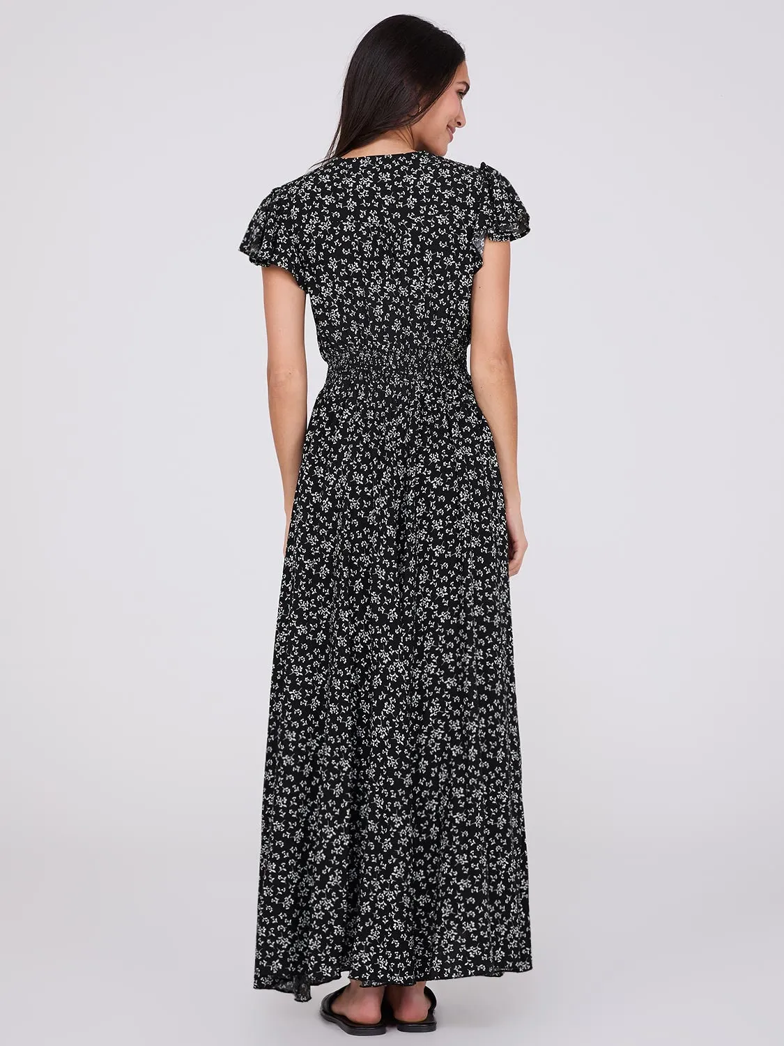 Ditsy Floral Print Flutter Sleeve Maxi Dress