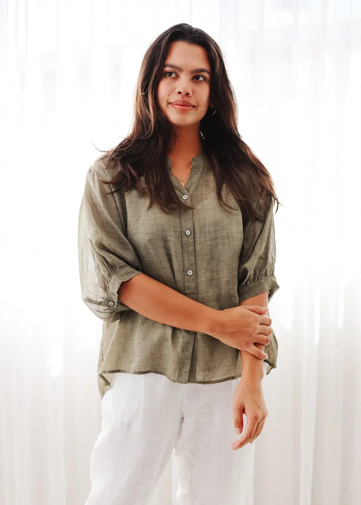 Elena Olive Linen Blouse