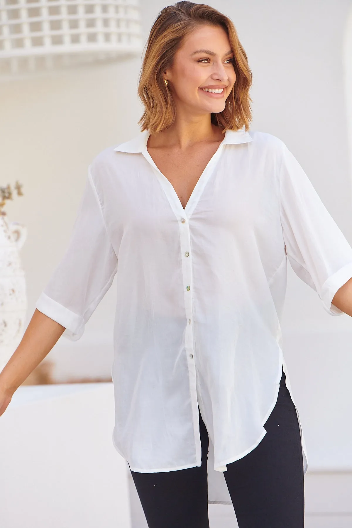 Ellie White Satin Half Sleeve Shirt