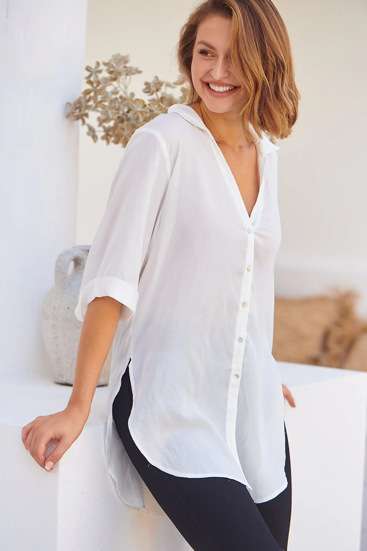 Ellie White Satin Half Sleeve Shirt