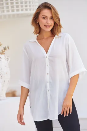 Ellie White Satin Half Sleeve Shirt