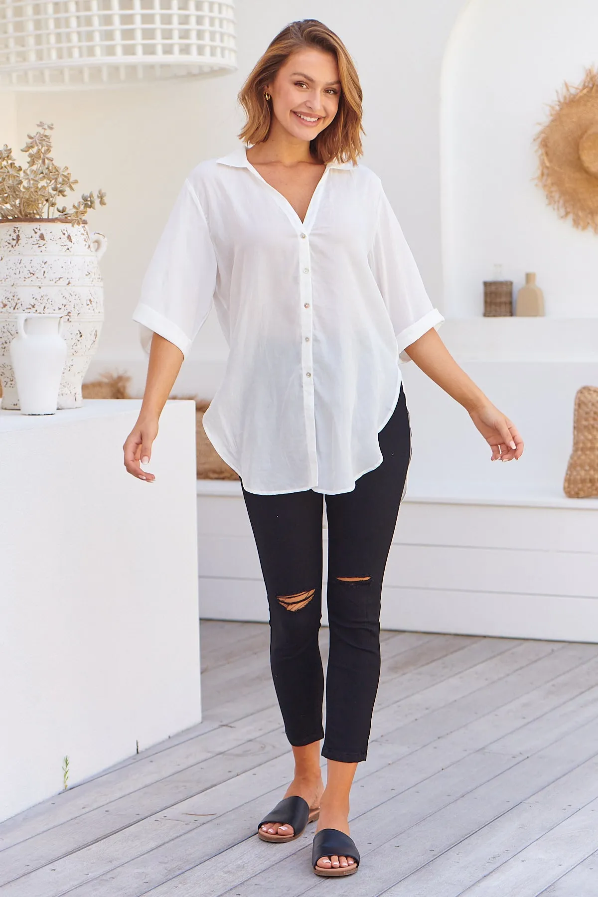 Ellie White Satin Half Sleeve Shirt