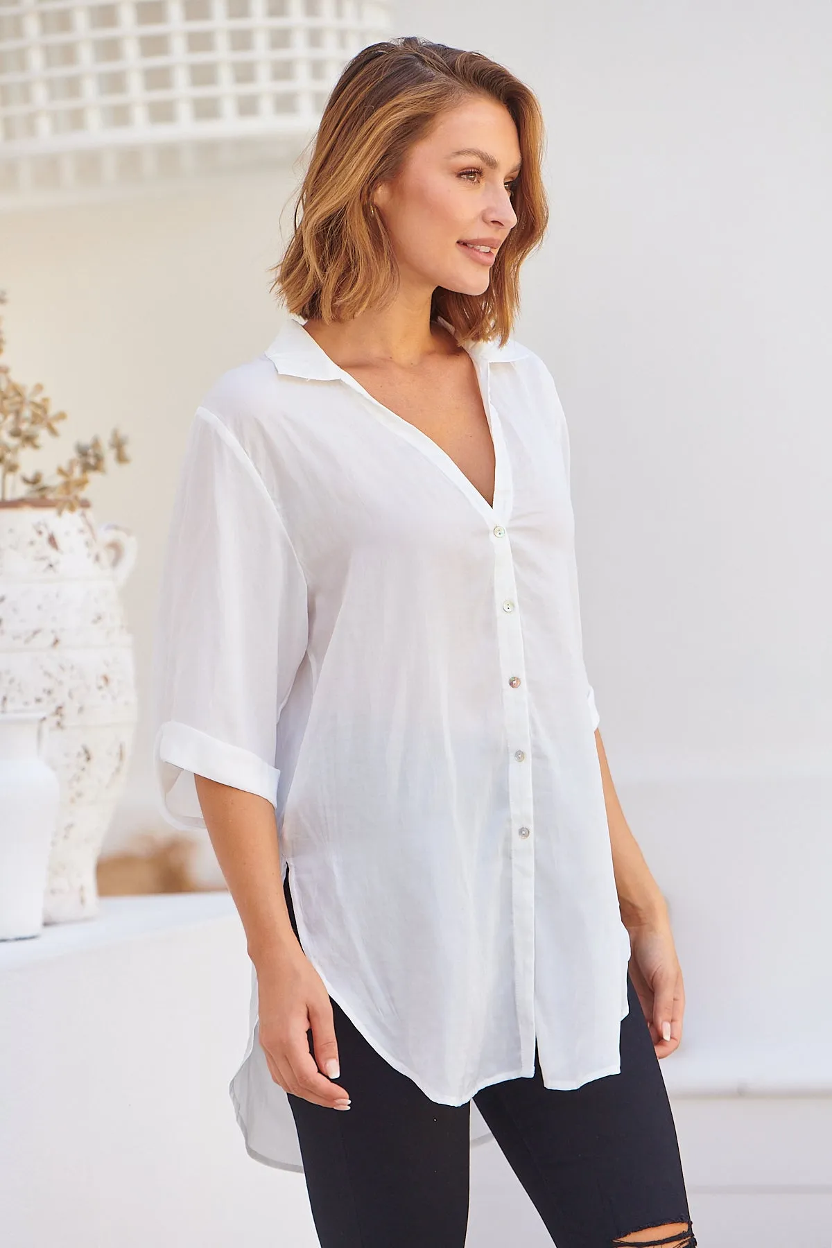 Ellie White Satin Half Sleeve Shirt