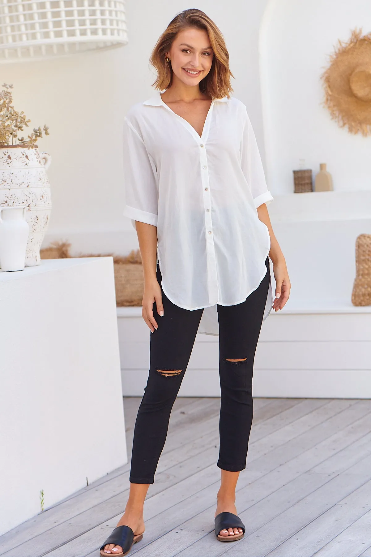 Ellie White Satin Half Sleeve Shirt