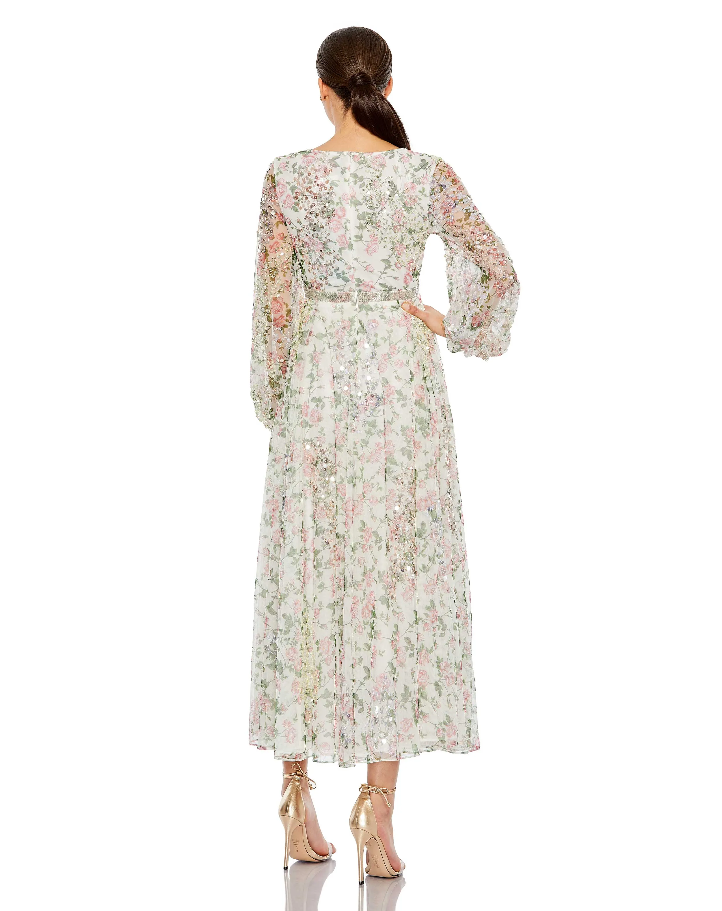 Embellished Floral Print Faux Wrap A Line Dress