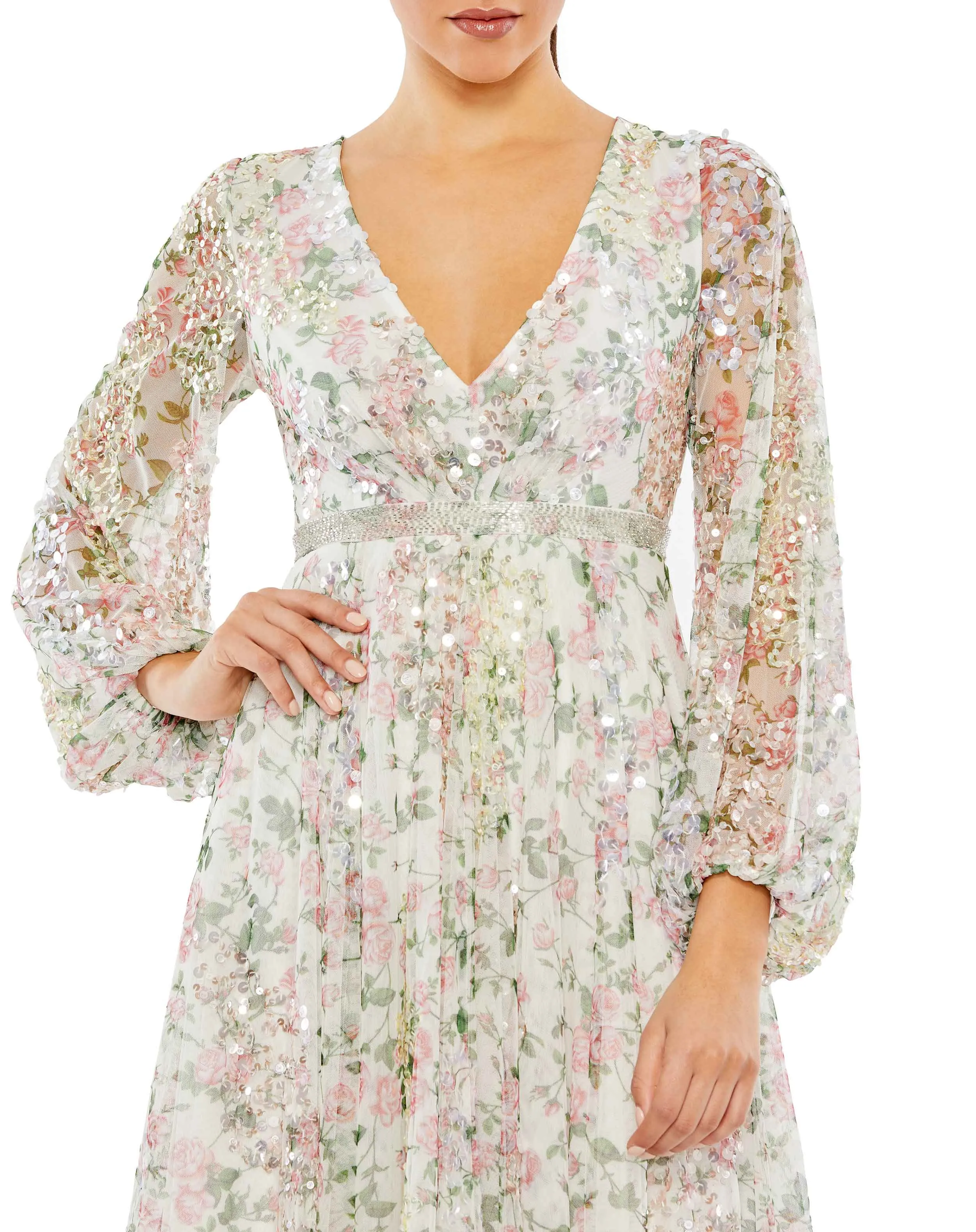 Embellished Floral Print Faux Wrap A Line Dress