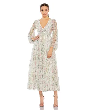 Embellished Floral Print Faux Wrap A Line Dress