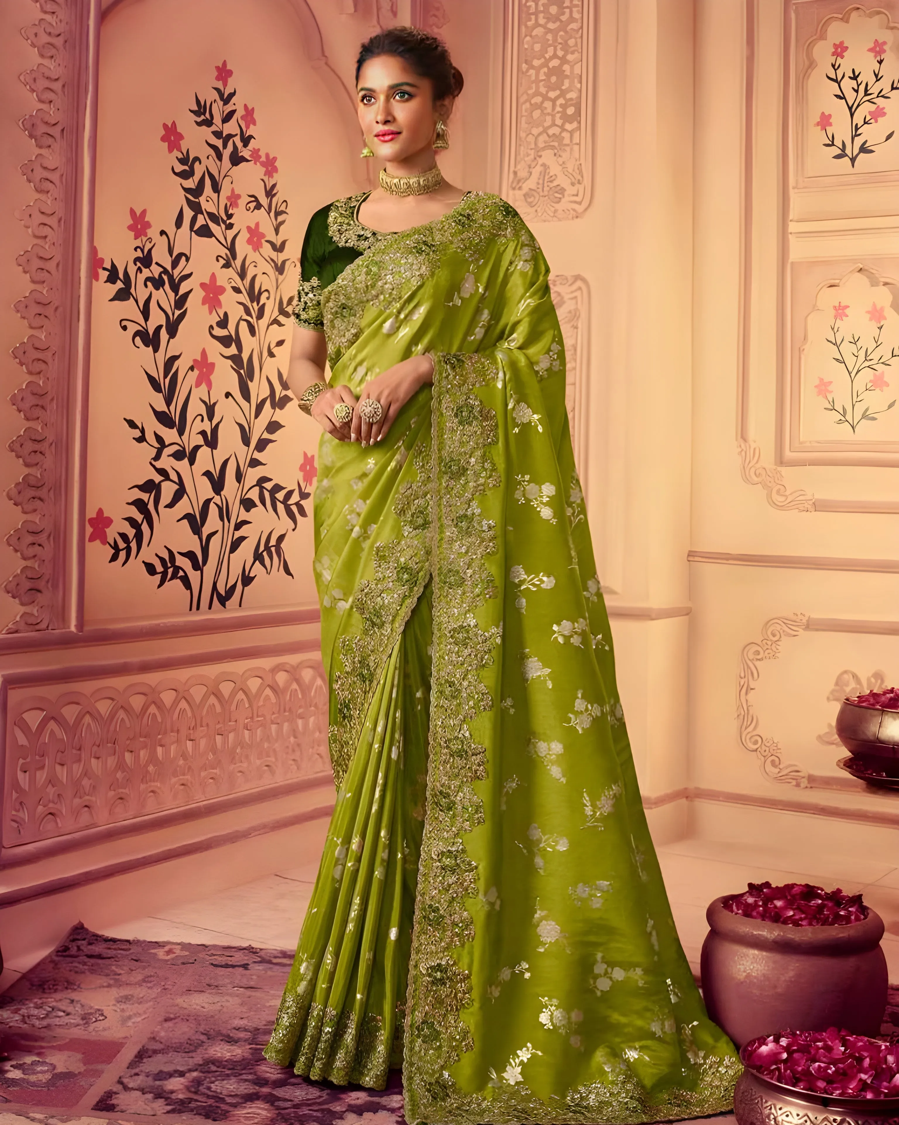 Embroidered Chinon Silk Wedding Saree Olive Green