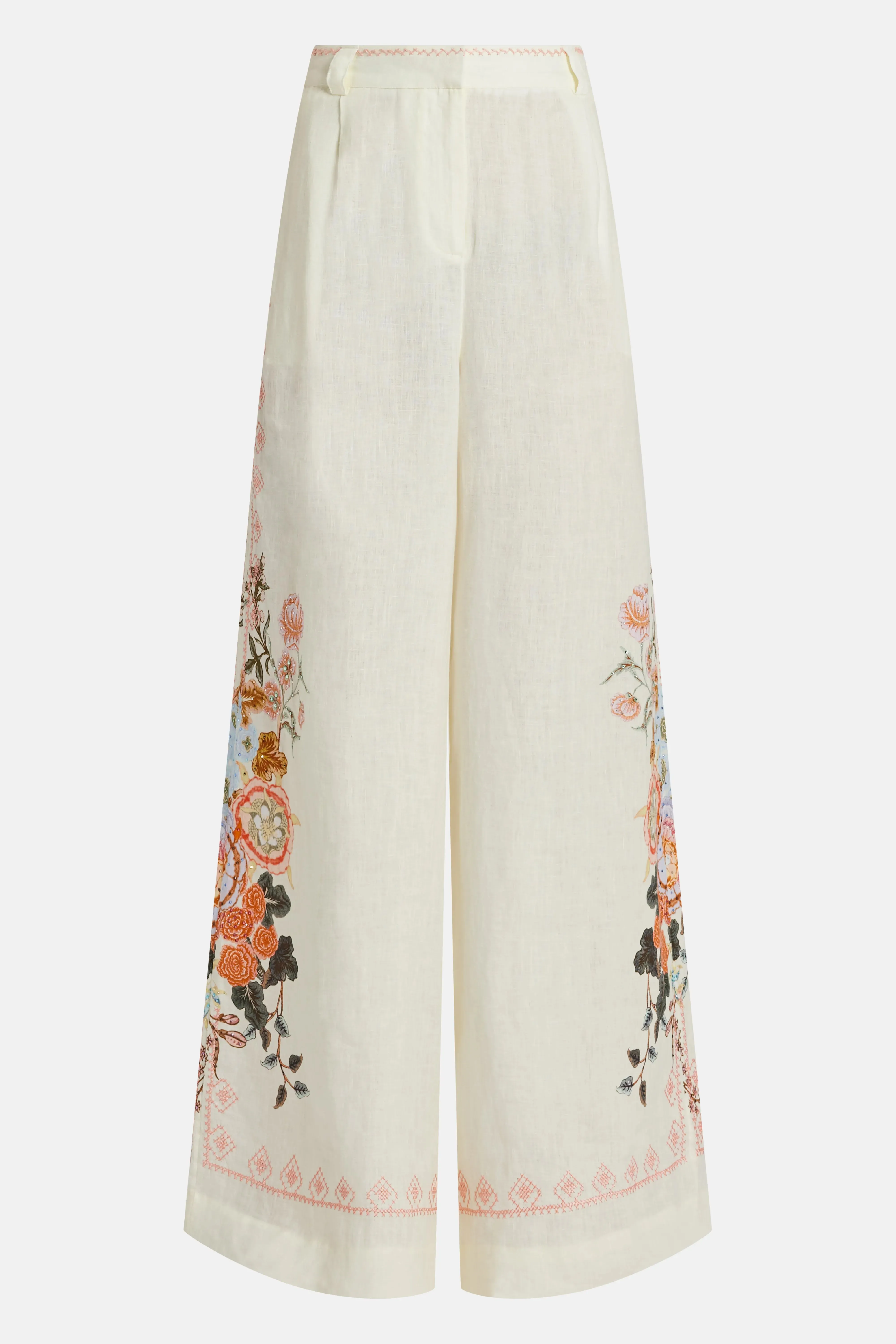 Embroidered Wide Leg Waisted Pants