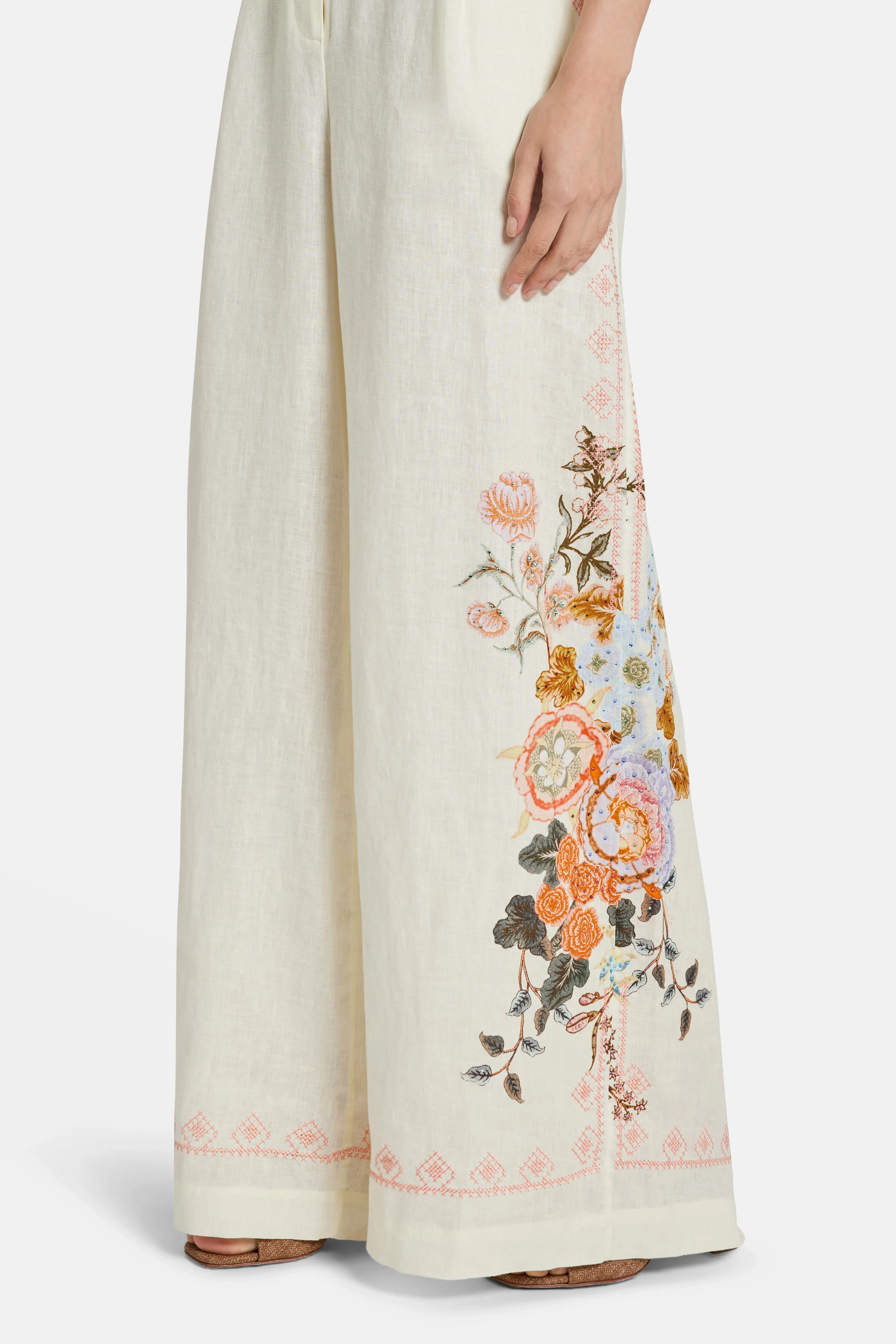 Embroidered Wide Leg Waisted Pants