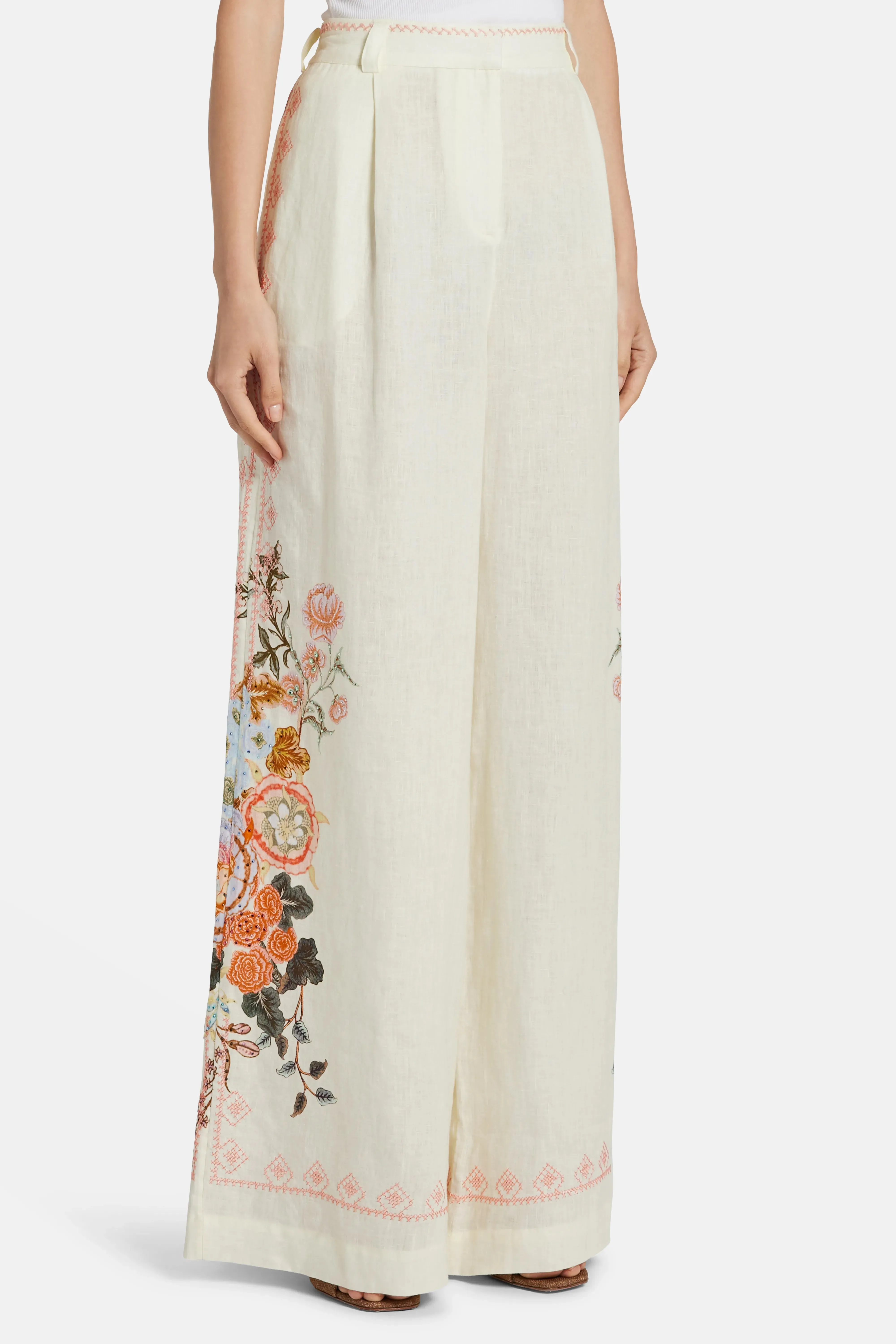 Embroidered Wide Leg Waisted Pants