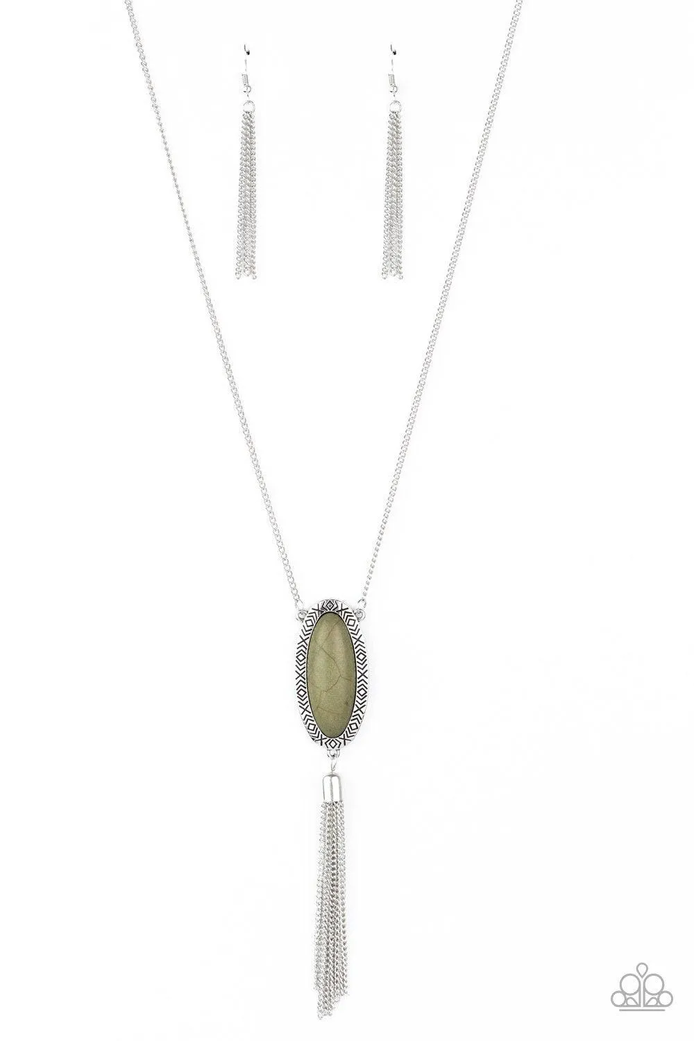 Ethereal Eden Olive Green Stone and Silver Tassel Necklace - Paparazzi Accessories