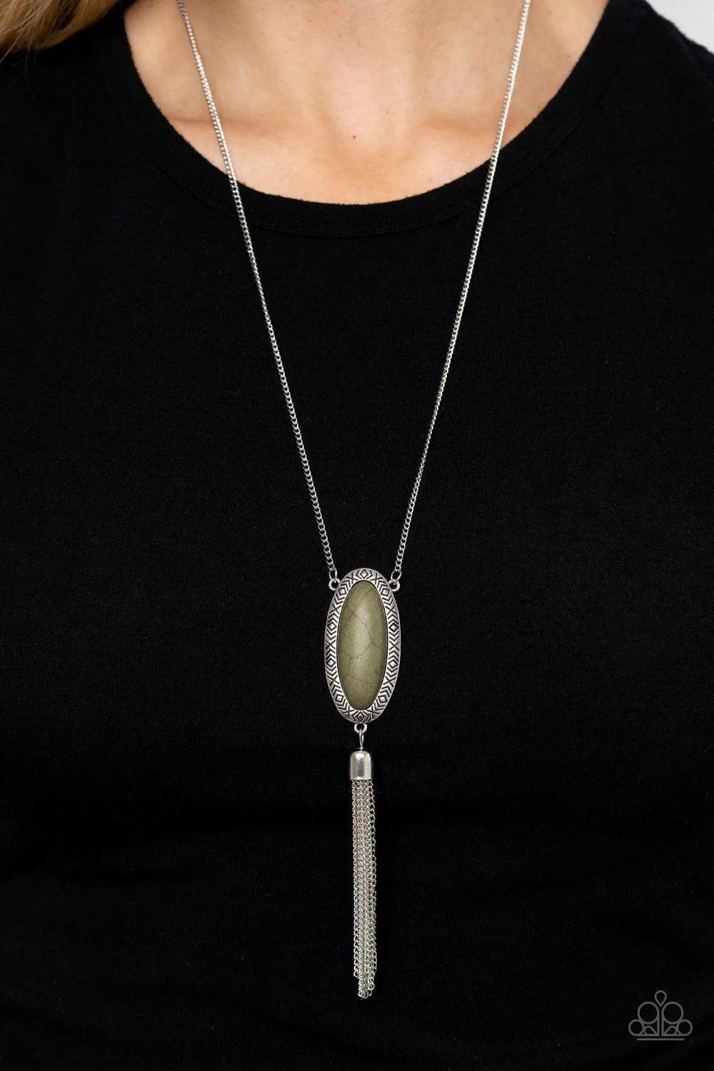 Ethereal Eden Olive Green Stone and Silver Tassel Necklace - Paparazzi Accessories