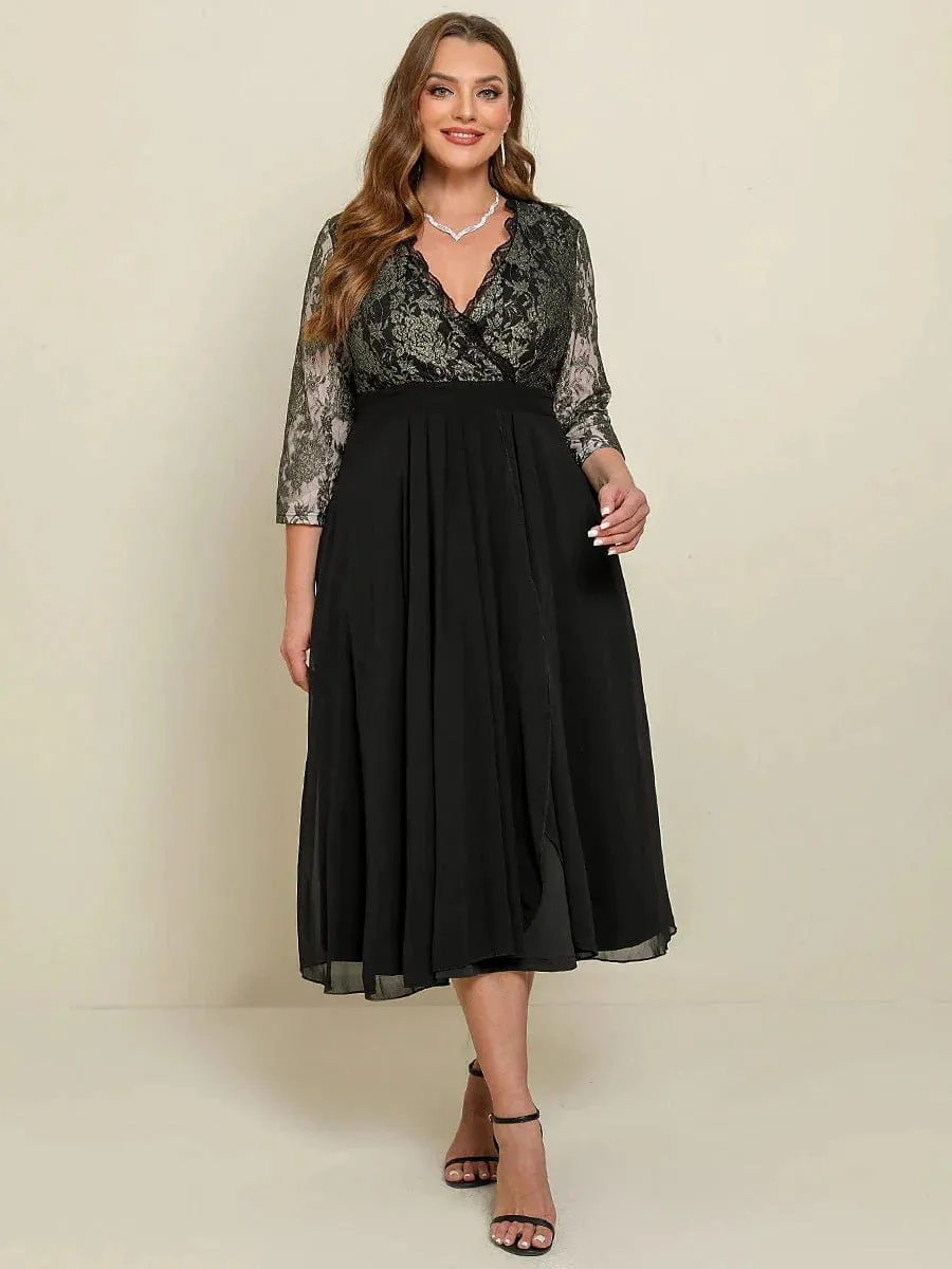 Floral Black Lace Plus Size Maxi Dress with V-Neck and Dolman Sleeves