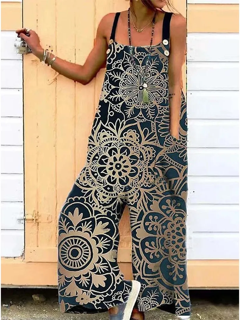 Floral Print Adjustable Strap Jumpsuit with Backless Design and Side Pockets