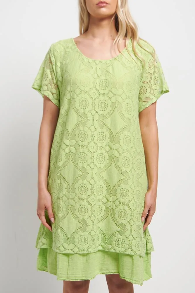 Geometric Pattern Mesh Lace Dip Hem Top