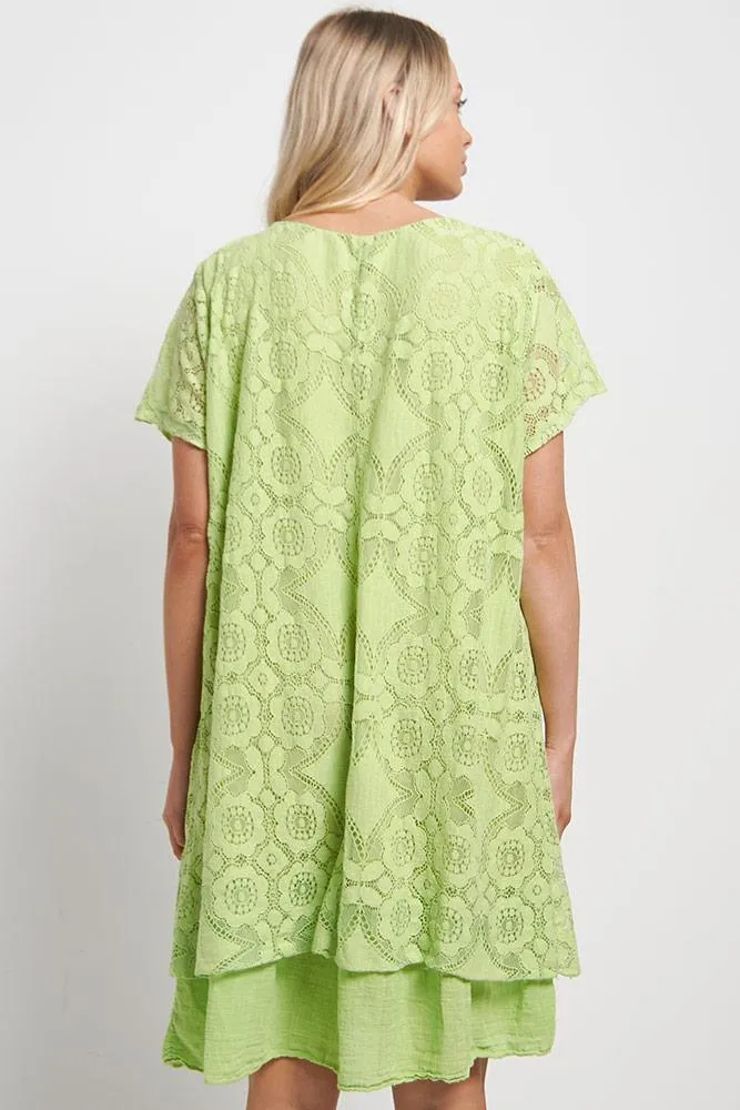 Geometric Pattern Mesh Lace Dip Hem Top