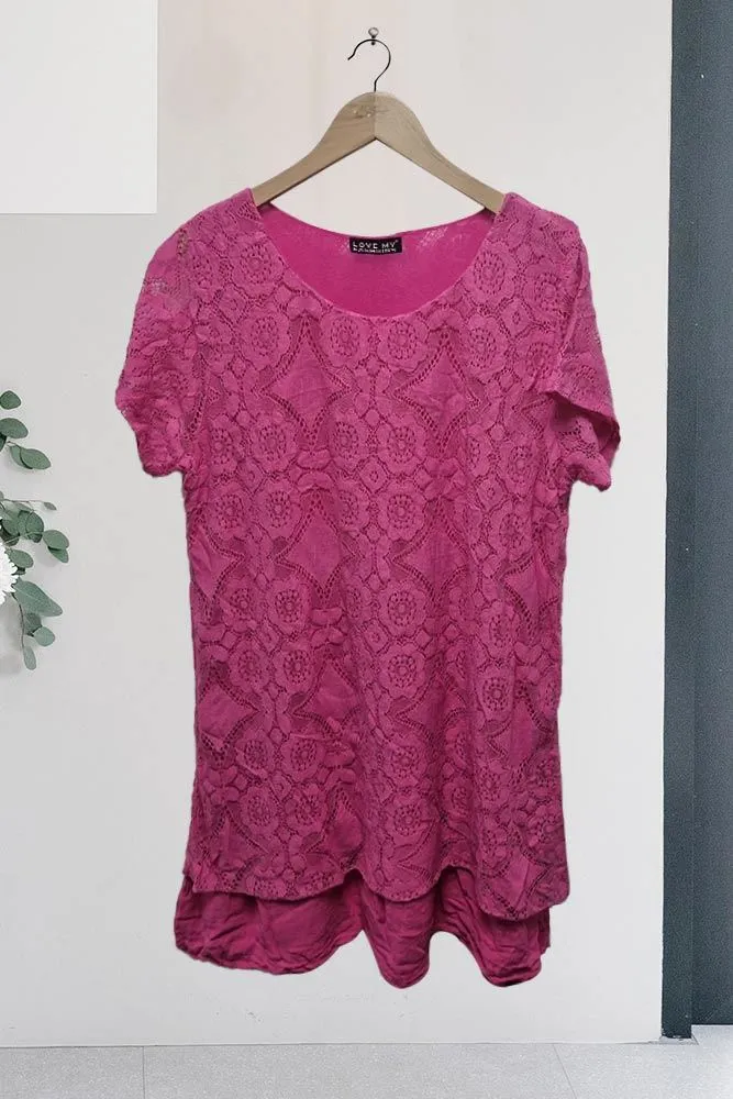 Geometric Pattern Mesh Lace Dip Hem Top