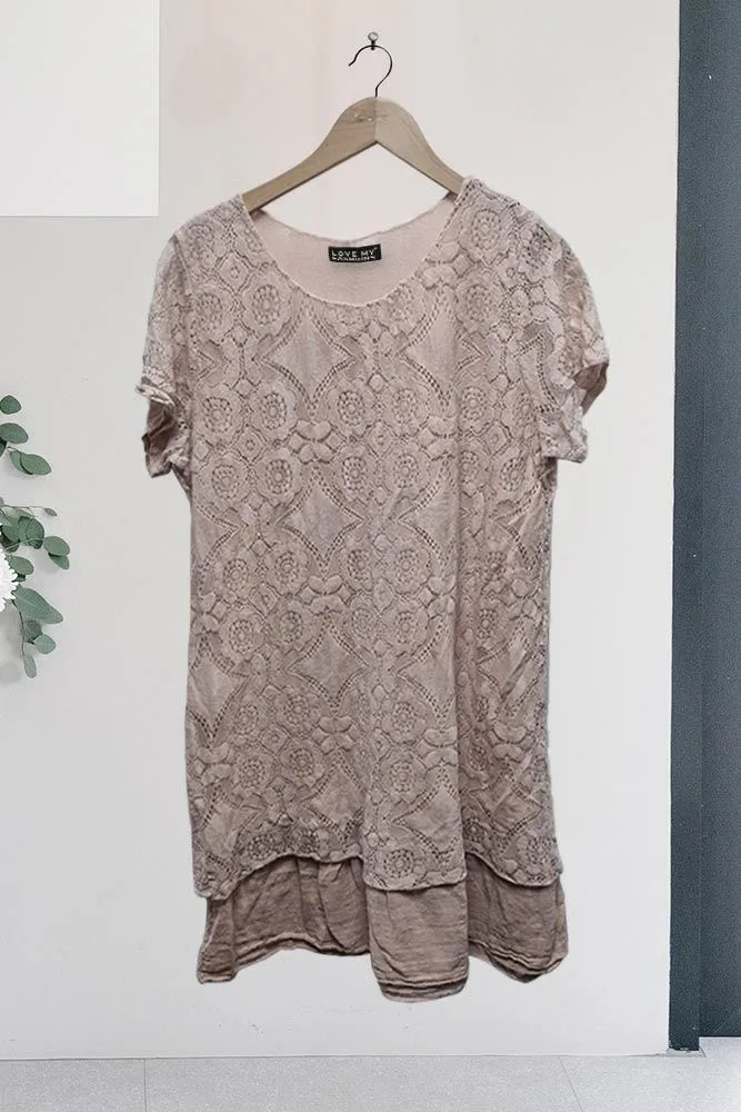 Geometric Pattern Mesh Lace Dip Hem Top