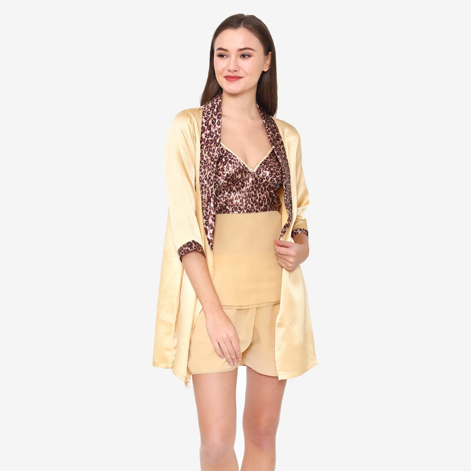 Gold Chiffon Night suit with Satin Robe