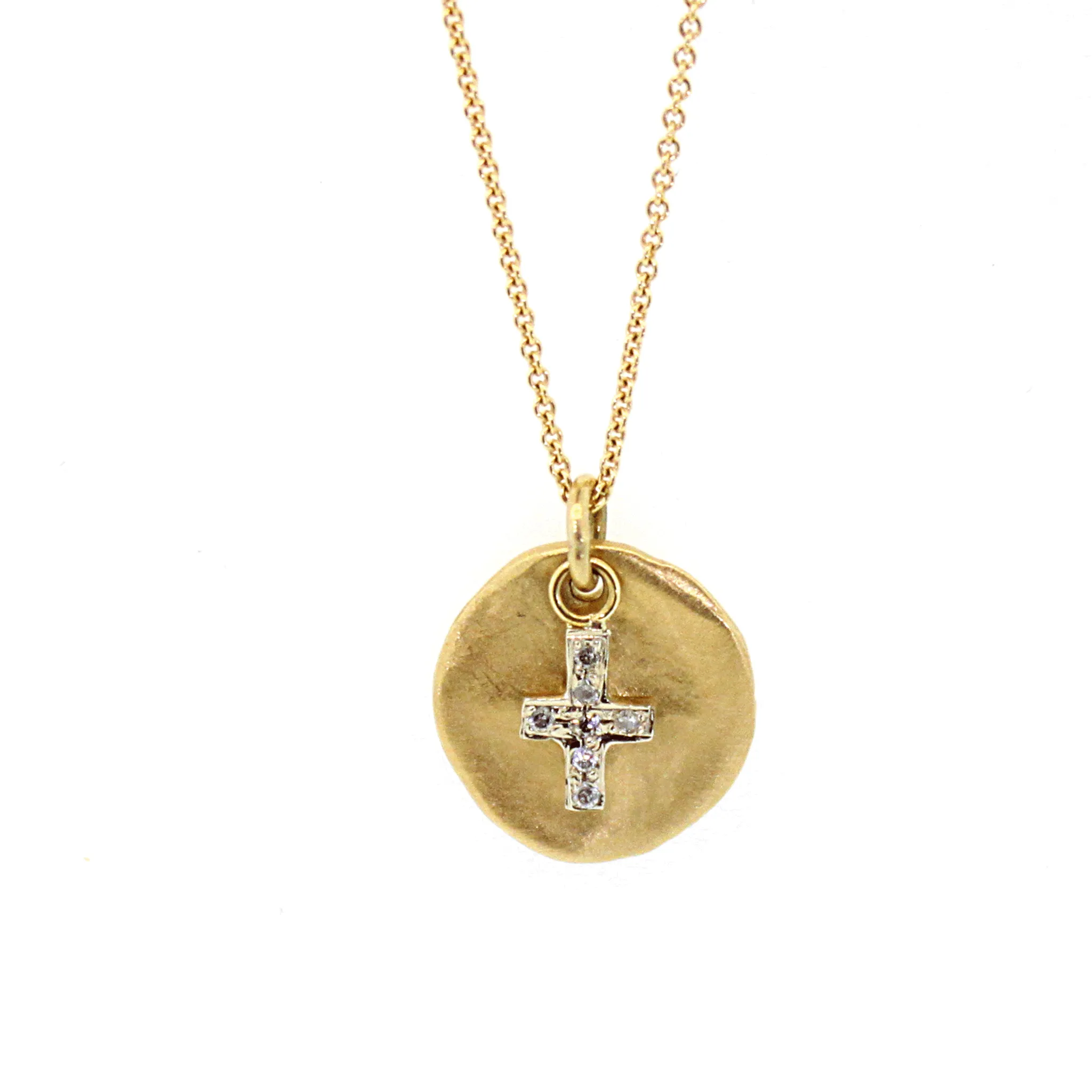 Gold Disc & Diamond Cross Necklace