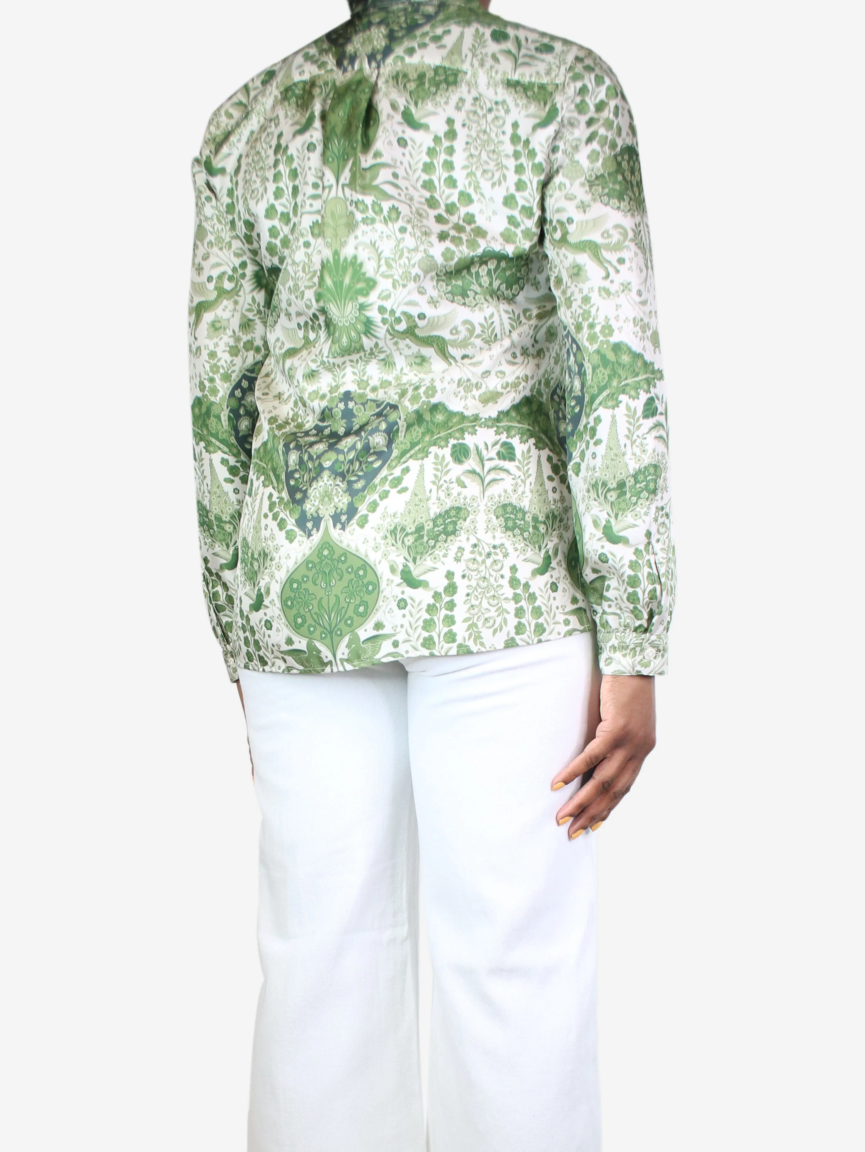 Green and cream silk floral blouse - size UK 14