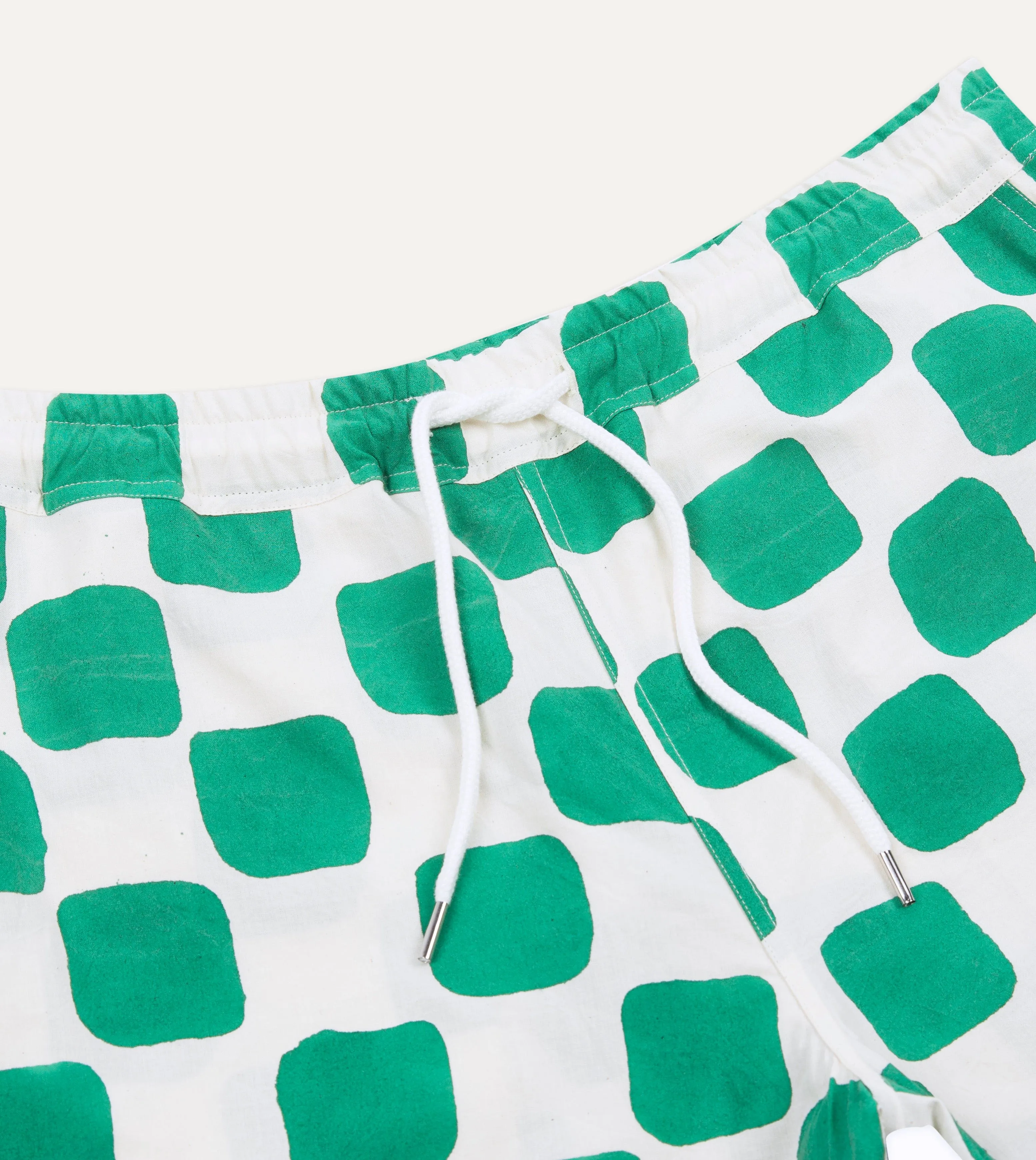 Green Chequerboard Block Print Cotton Drawstring Shorts