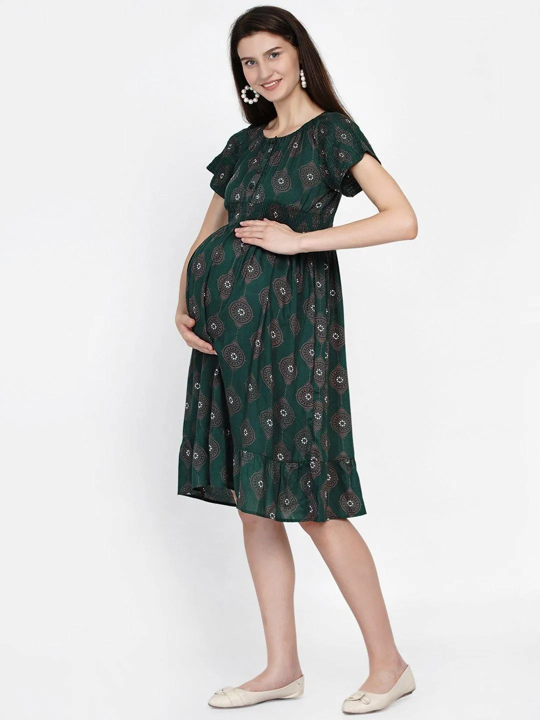 Green Geometric Printed Maternity and Nursing Midi Dress