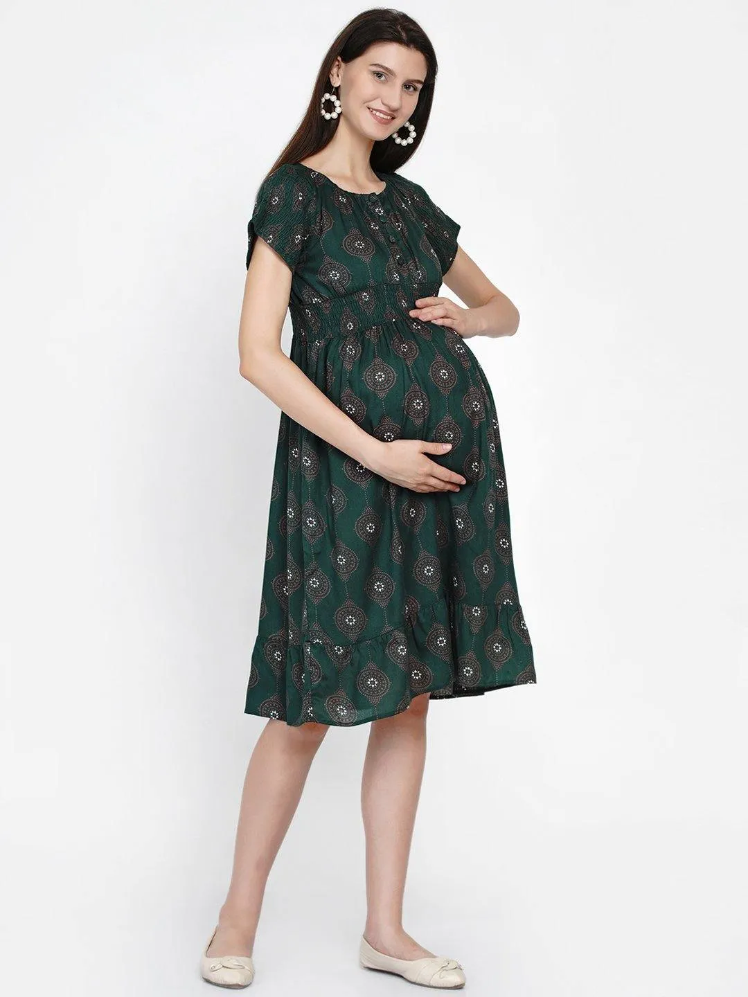 Green Geometric Printed Maternity and Nursing Midi Dress